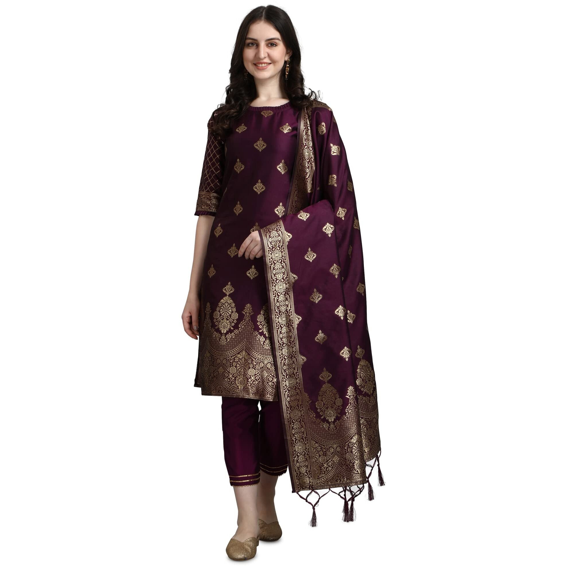 VredeVogel Women's Cotton Silk Jacquard Kurta Pant with Dupatta Set (Purple_Large)