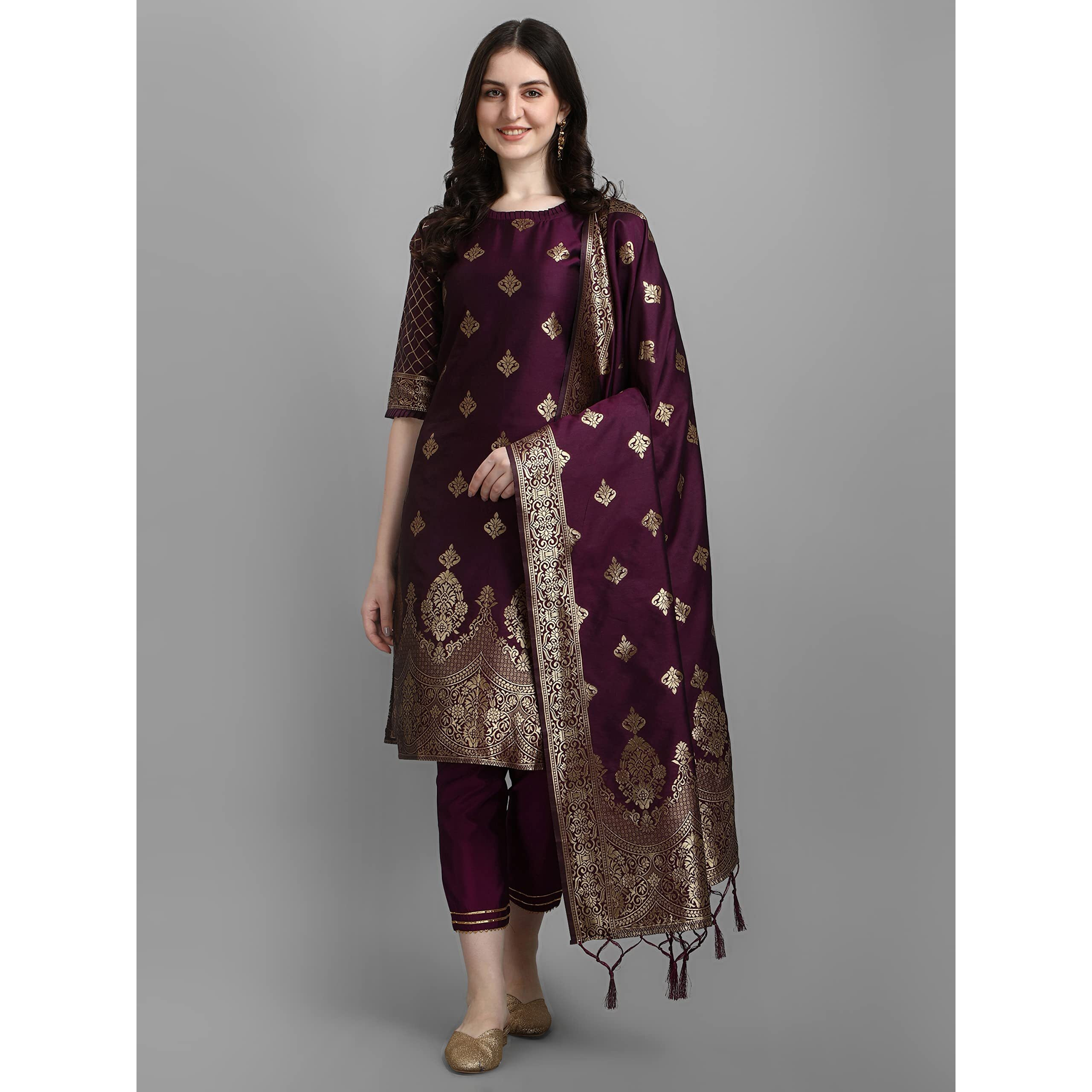 VredeVogel Women's Cotton Silk Jacquard Kurta Pant with Dupatta Set (Purple_Large)