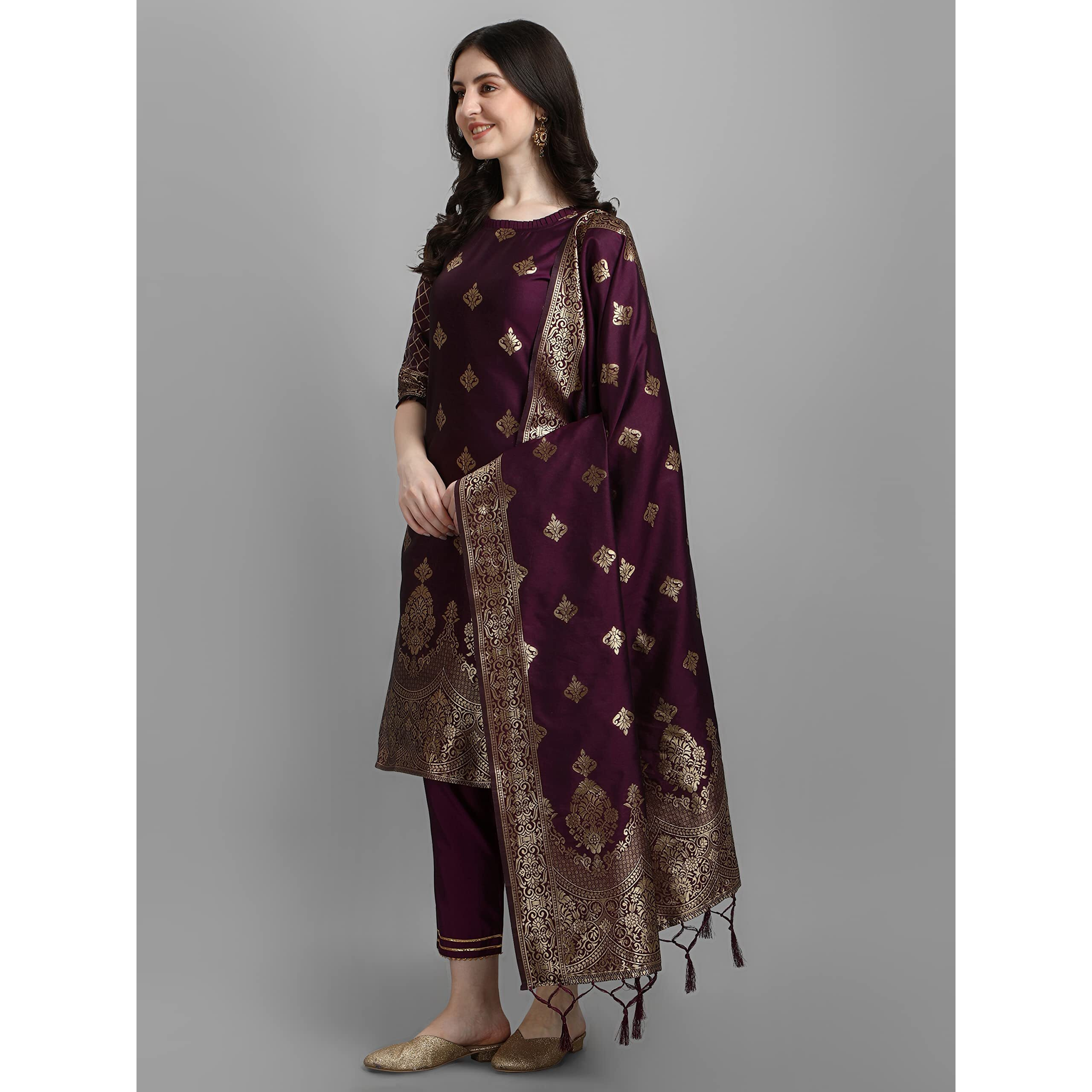 VredeVogel Women's Cotton Silk Jacquard Kurta Pant with Dupatta Set (Purple_Large)