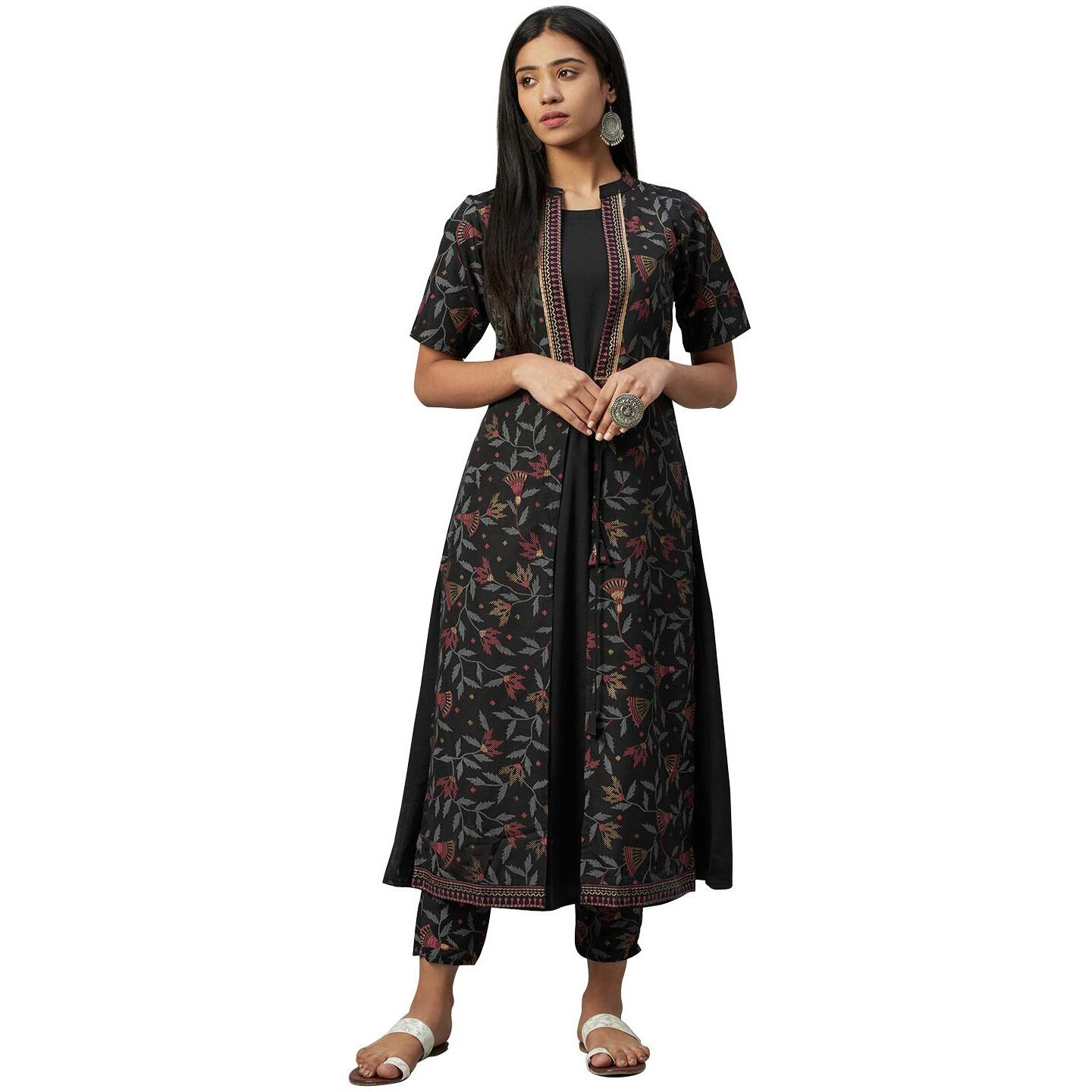 ZIYAA Women's Crepe Kurta Pant Set (ZIKUCR3133ANDPA-L_Black_L)