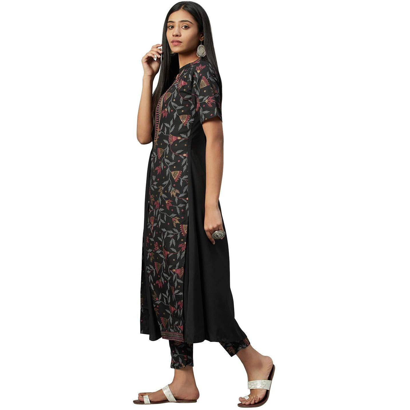 ZIYAA Women's Crepe Kurta Pant Set (ZIKUCR3133ANDPA-L_Black_L)