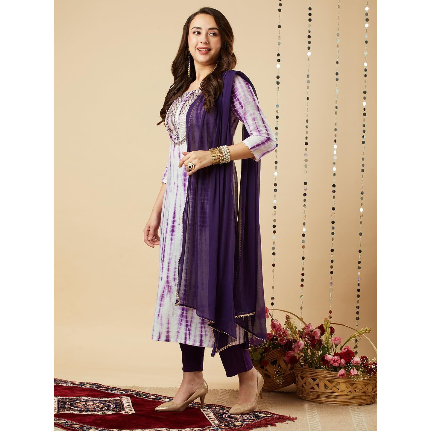 GoSriKi Women's Rayon Blend Straight Printed Kurta with Pant & Dupatta (TIEDYE-BEGANI-GS_M_Violet_Medium)