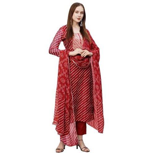 ANNI DESIGNER Women's Cotton Blend Straight Printed Kurta with Pant & Dupatta (DOREMI-RED-BHN_M_Red_Medium)