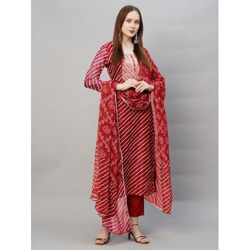 ANNI DESIGNER Women's Cotton Blend Straight Printed Kurta with Pant & Dupatta (DOREMI-RED-BHN_M_Red_Medium)