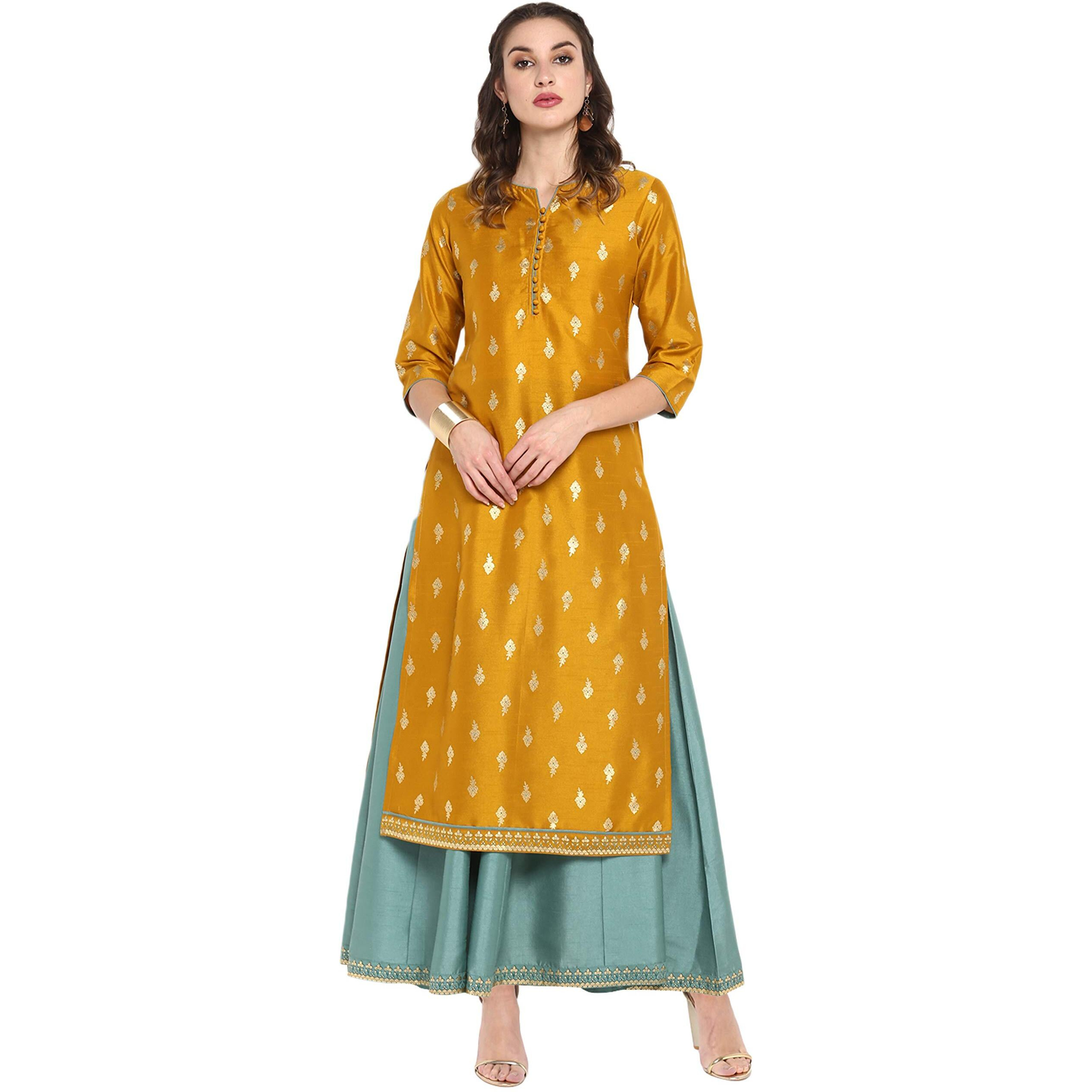 Janasya Women's Mustard Poly Silk Gold Print Anarkali Dress (J0006_XL_Mustard)