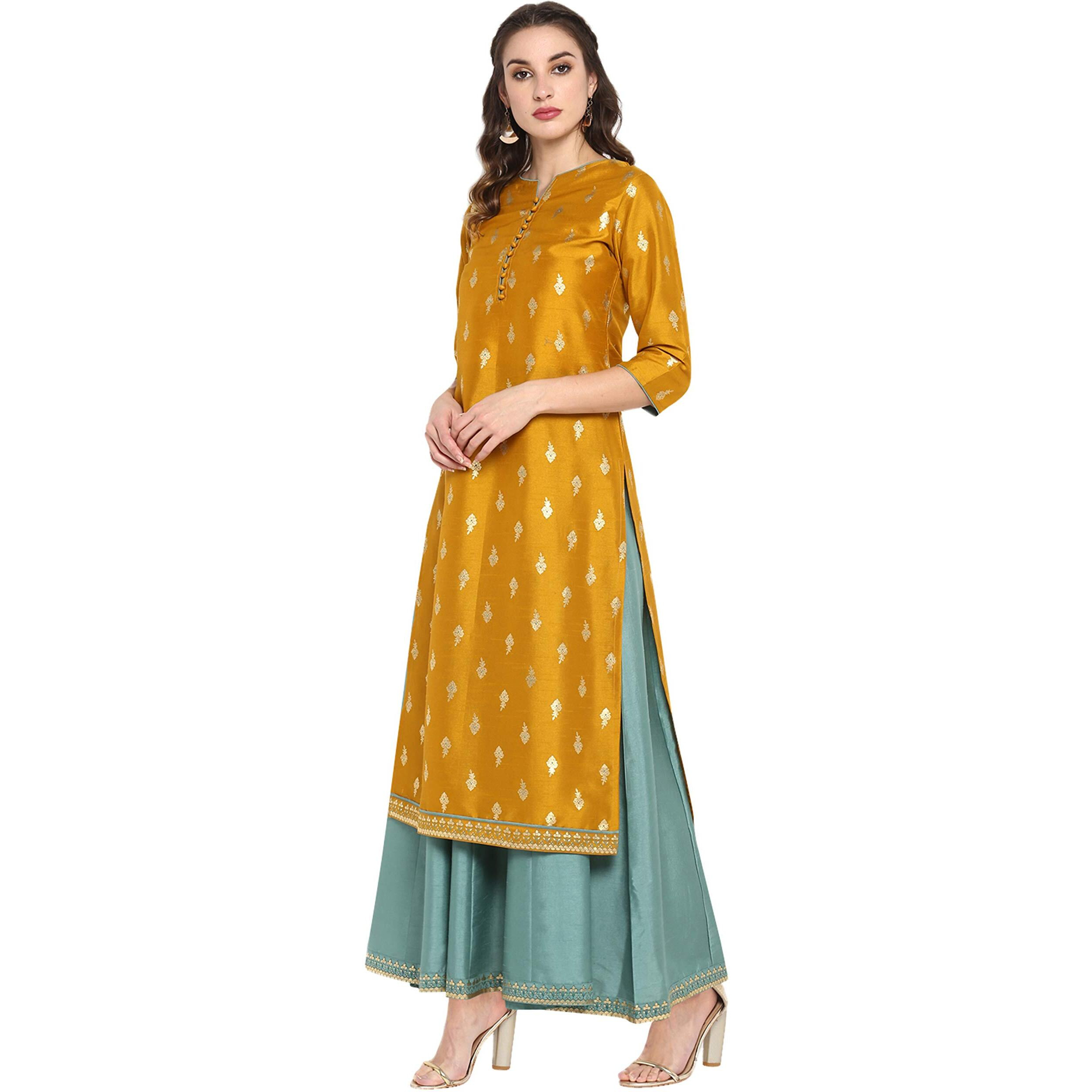 Janasya Women's Mustard Poly Silk Gold Print Anarkali Dress (J0006_XL_Mustard)