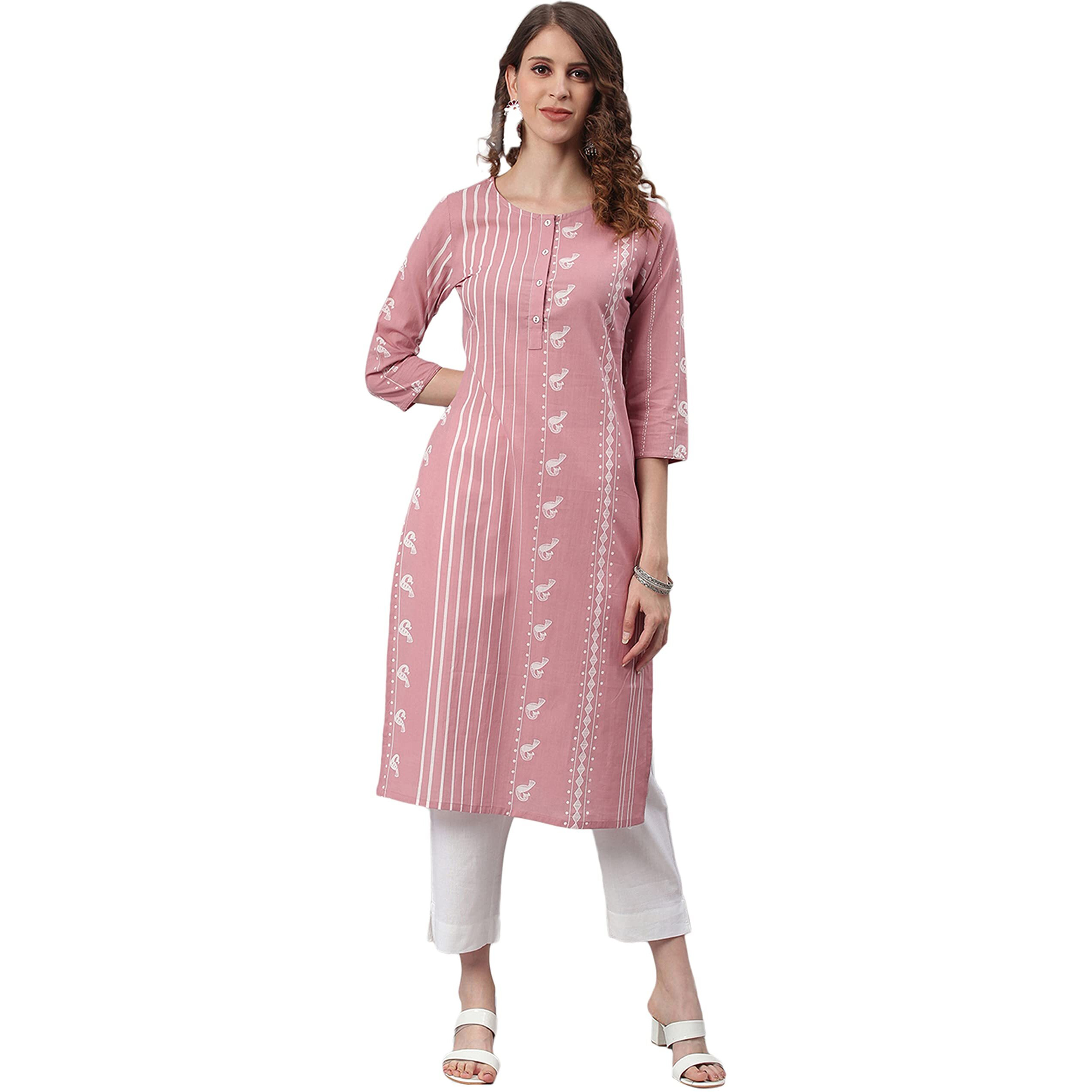 Janasya Women's Pastel Pink Cotton Animal Print Straight Kurta(JNE3697-KR-J-M)