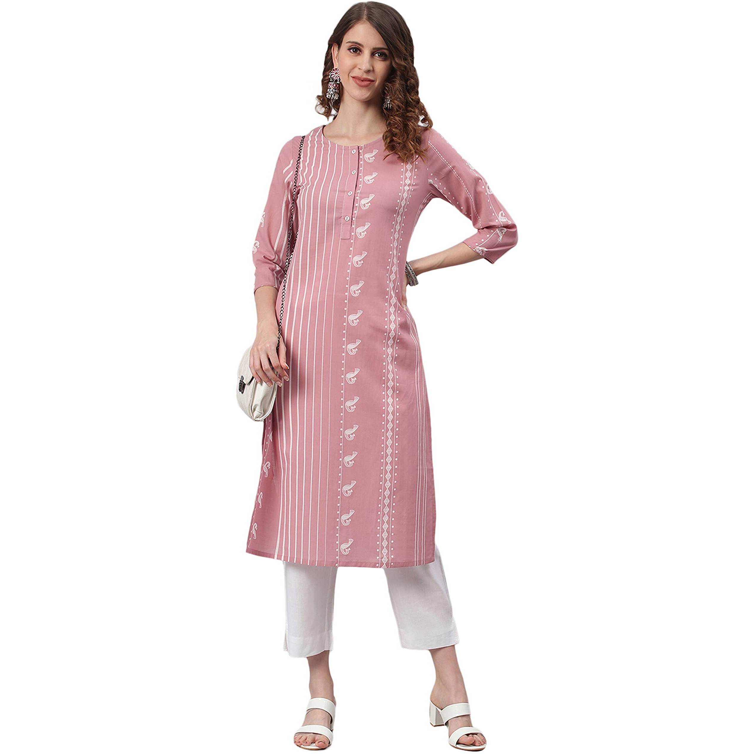 Janasya Women's Pastel Pink Cotton Animal Print Straight Kurta(JNE3697-KR-J-M)