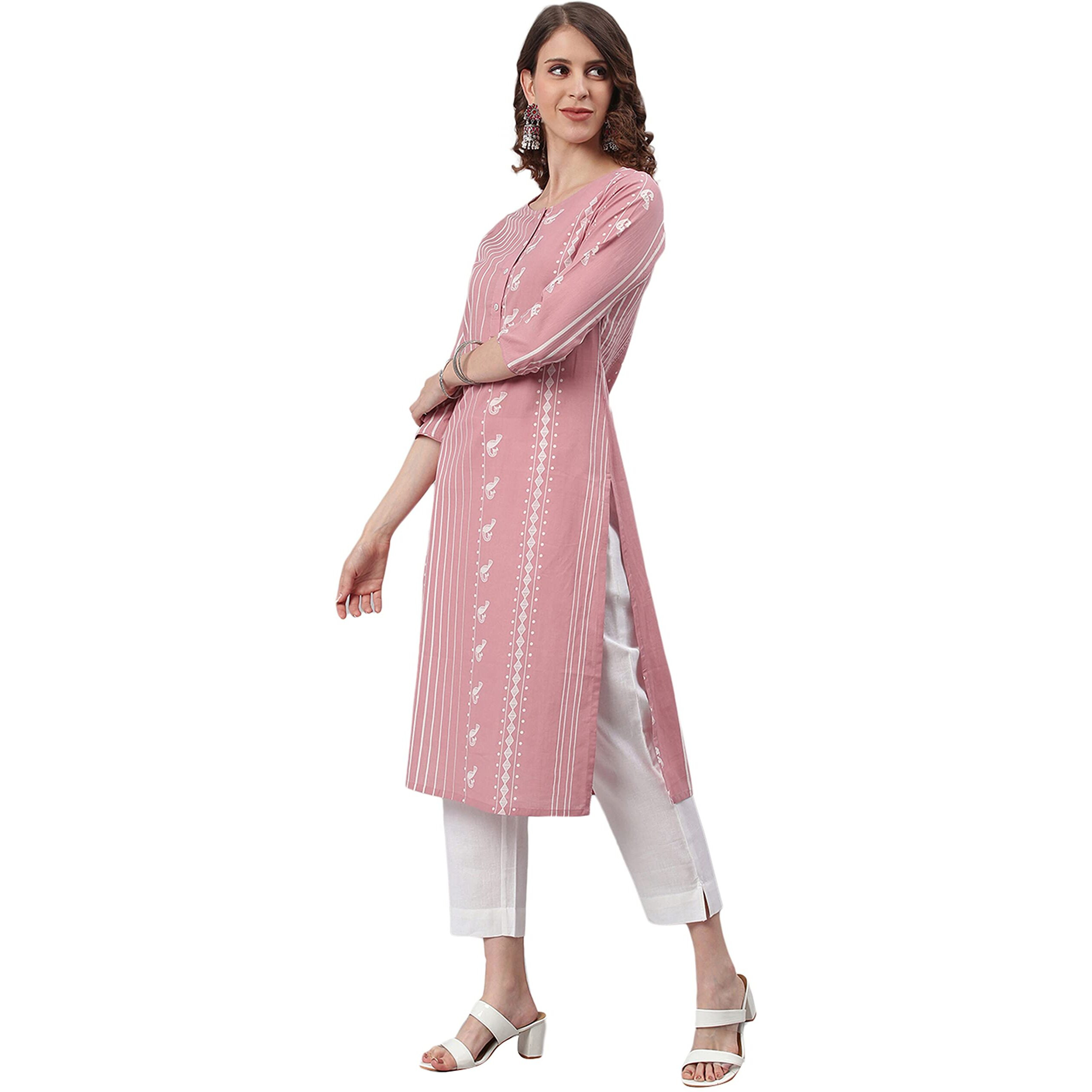 Janasya Women's Pastel Pink Cotton Animal Print Straight Kurta(JNE3697-KR-J-M)