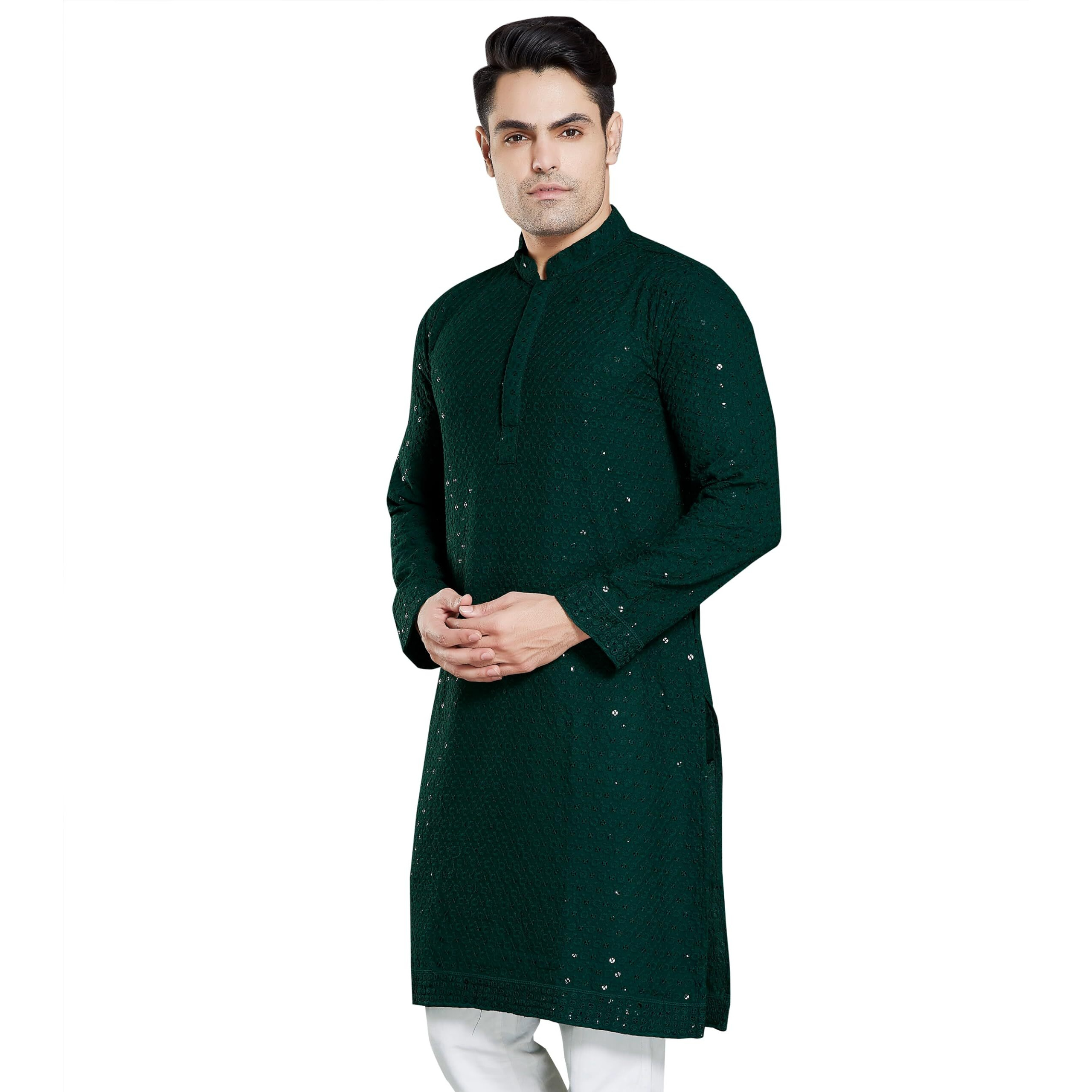 DIVISIVE Men's Sequince Embroidered Cotton Blend Only Slim Fit Kurta (DKRT18_XL_Bottle Green)