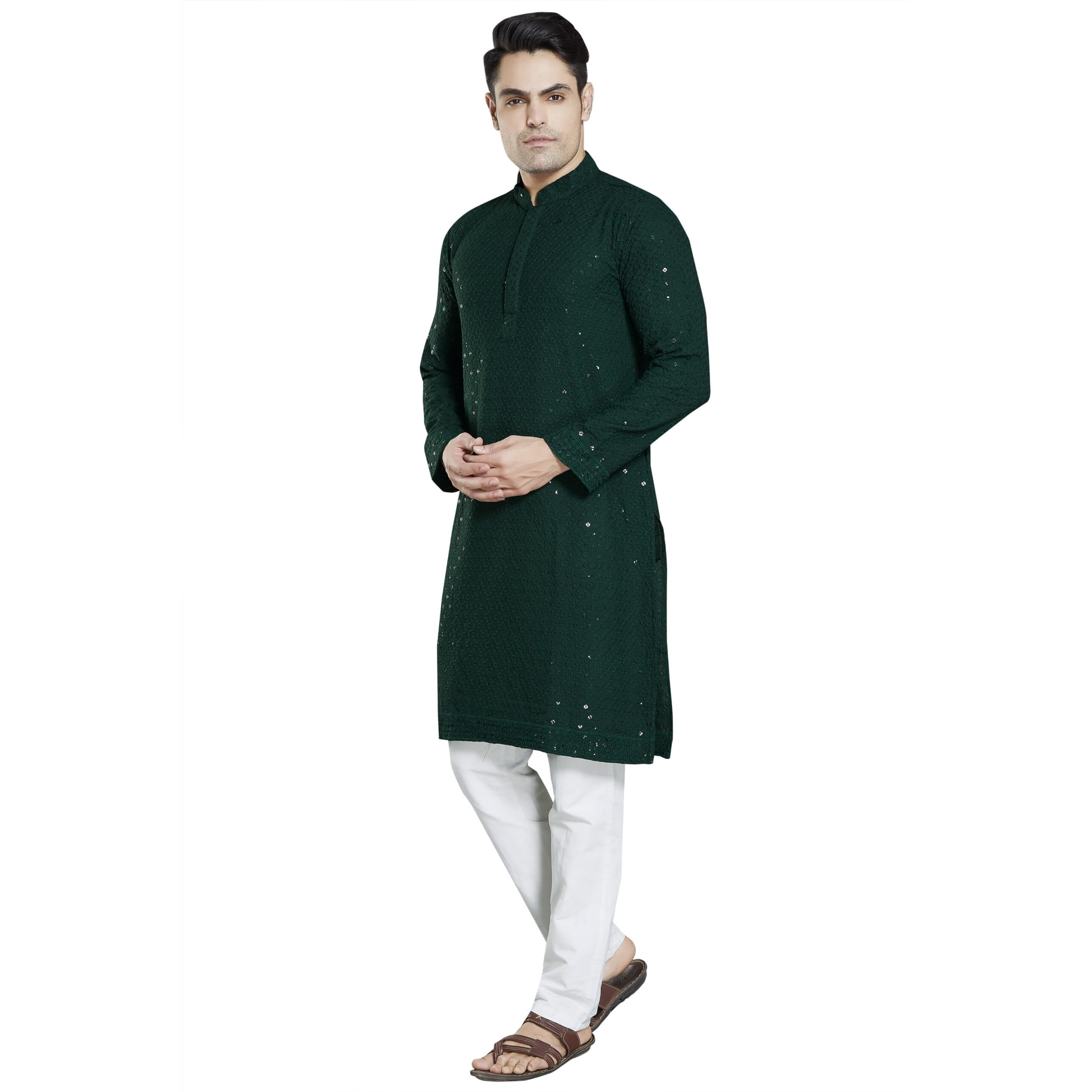 DIVISIVE Men's Sequince Embroidered Cotton Blend Only Slim Fit Kurta (DKRT18_XL_Bottle Green)