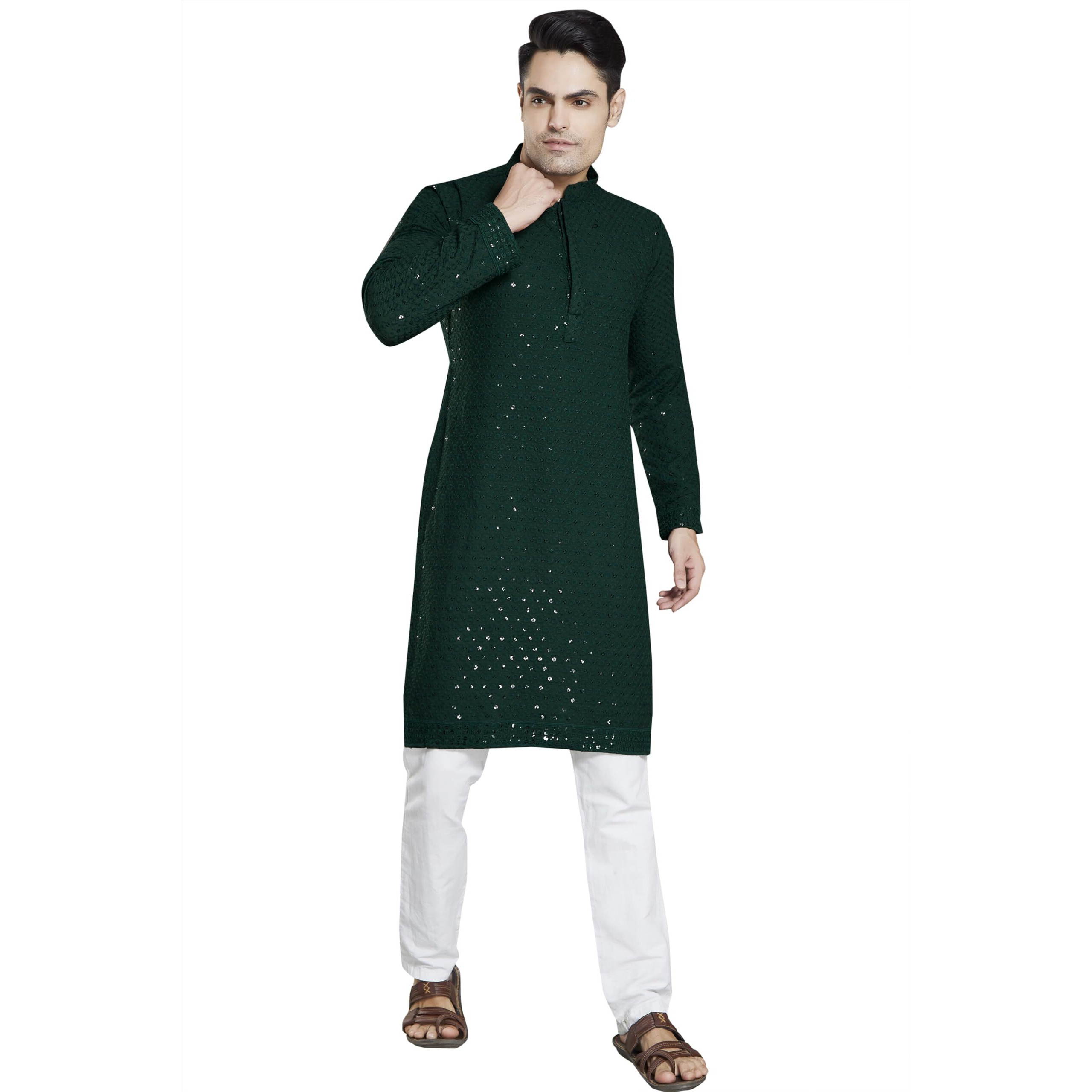 DIVISIVE Men's Sequince Embroidered Cotton Blend Only Slim Fit Kurta (DKRT18_XL_Bottle Green)