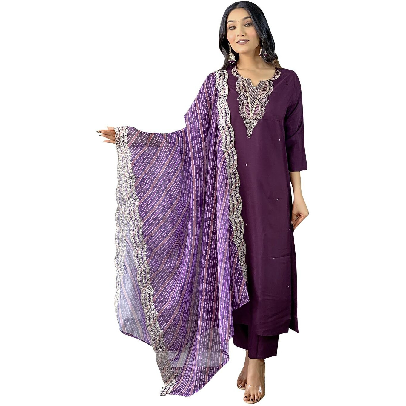 Naixa Women's Wine Viscose Silk Embroidered Straight Kurta with Viscose Silk Pant and Silk Blend Printed Dupatta Sets (NX-427-Wine-L)