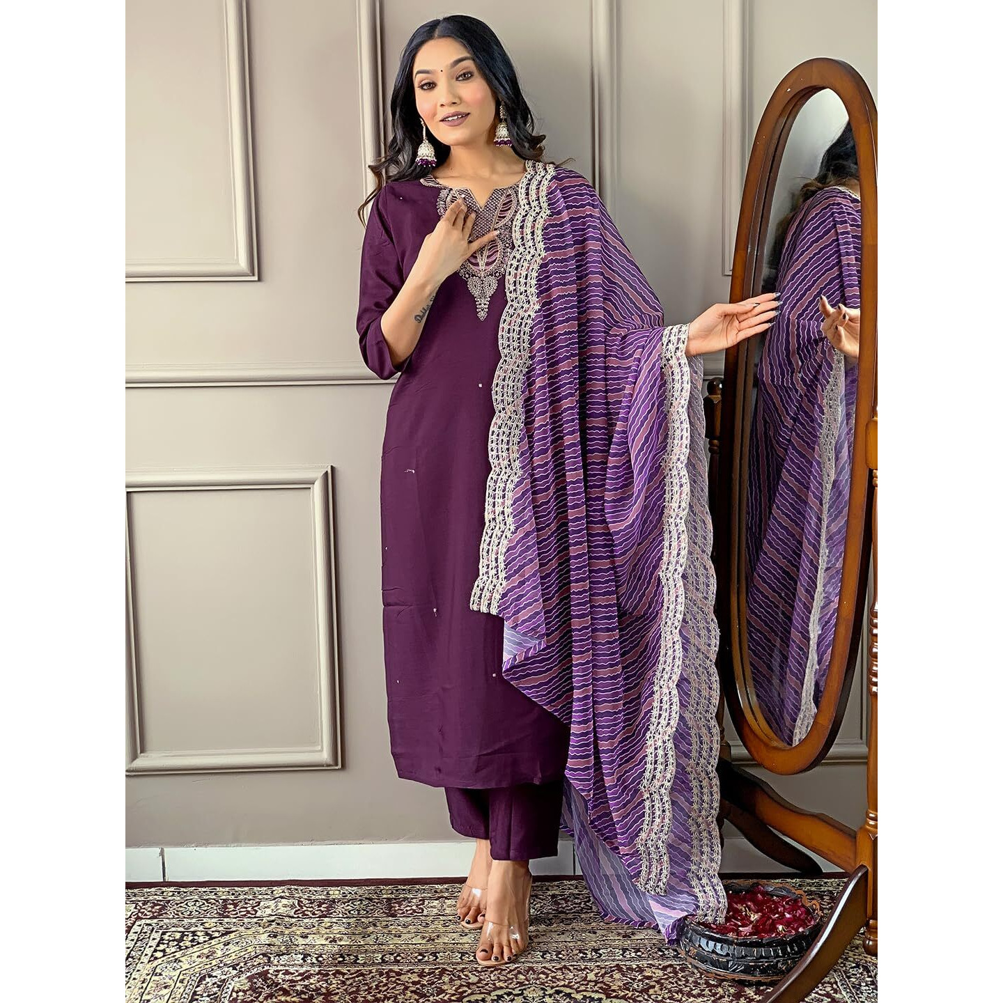 Naixa Women's Wine Viscose Silk Embroidered Straight Kurta with Viscose Silk Pant and Silk Blend Printed Dupatta Sets (NX-427-Wine-L)