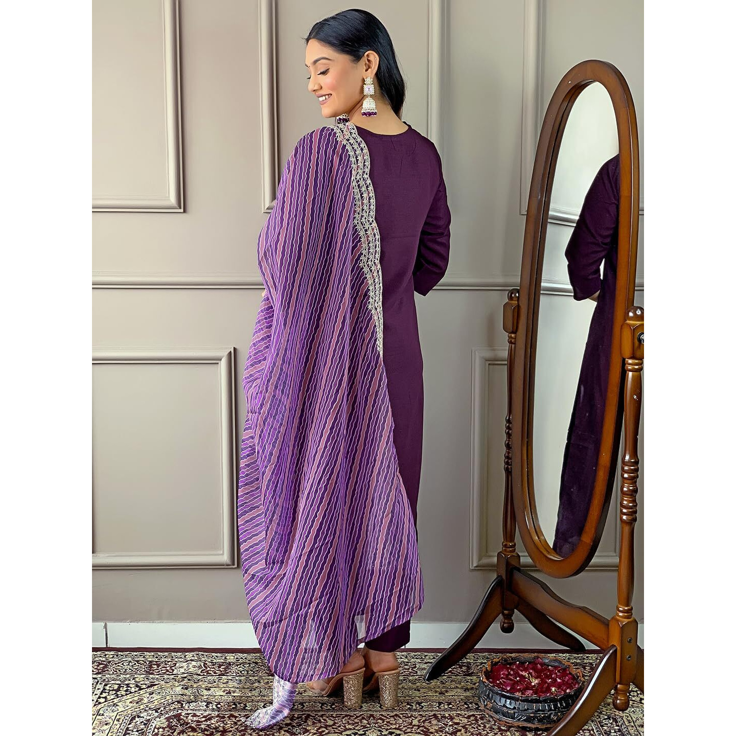 Naixa Women's Wine Viscose Silk Embroidered Straight Kurta with Viscose Silk Pant and Silk Blend Printed Dupatta Sets (NX-427-Wine-L)