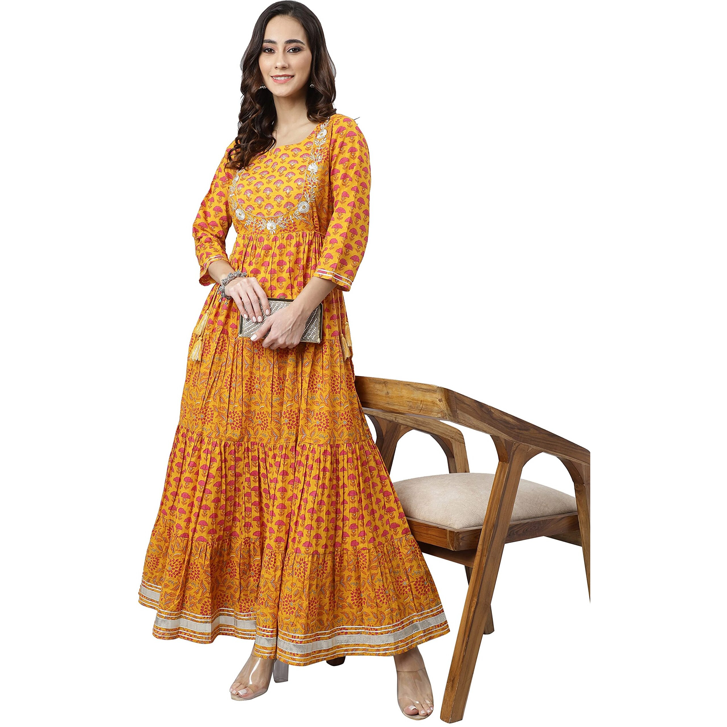 Janasya Women's Mustard Cotton Floral Print Flared Kurta