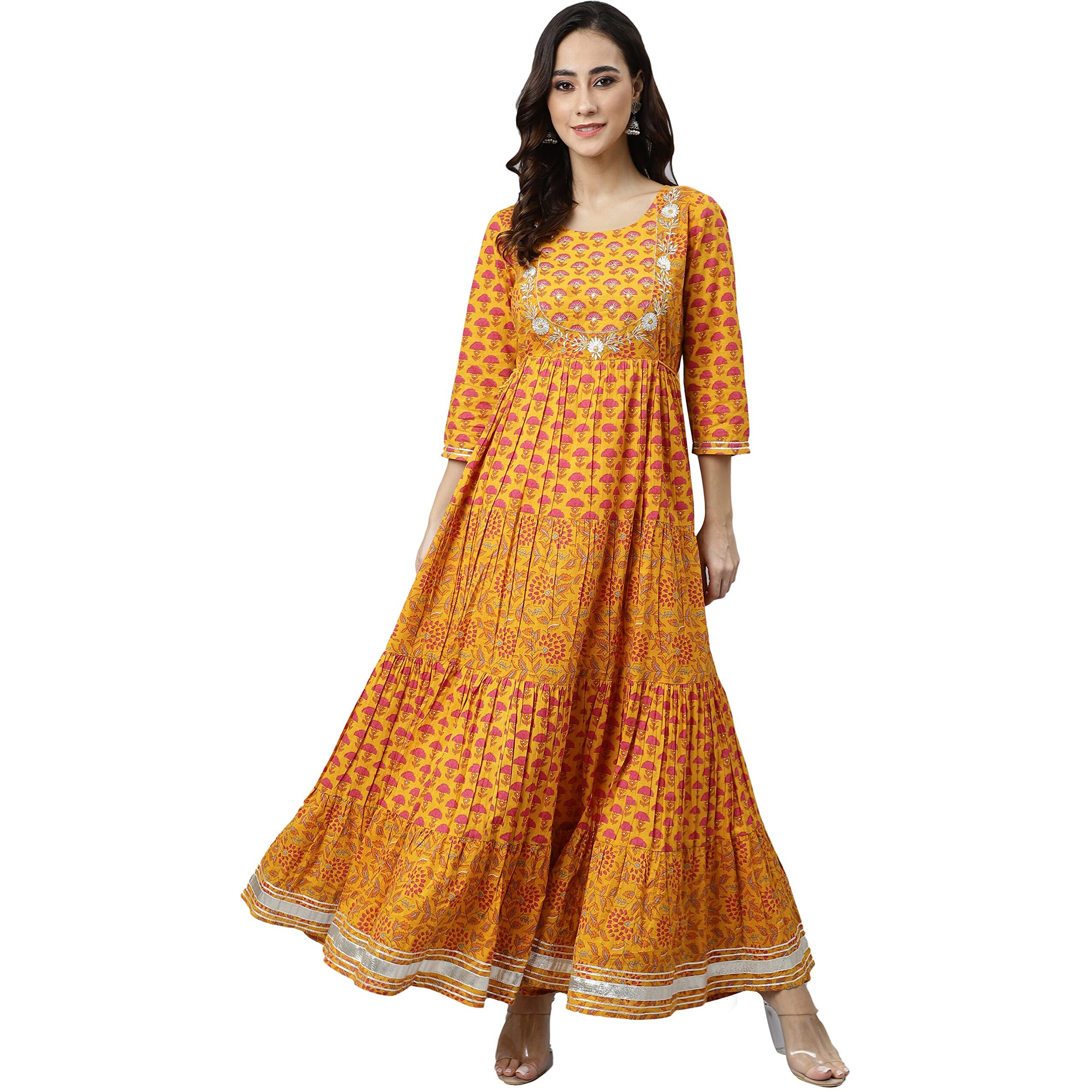 Janasya Women's Mustard Cotton Floral Print Flared Kurta