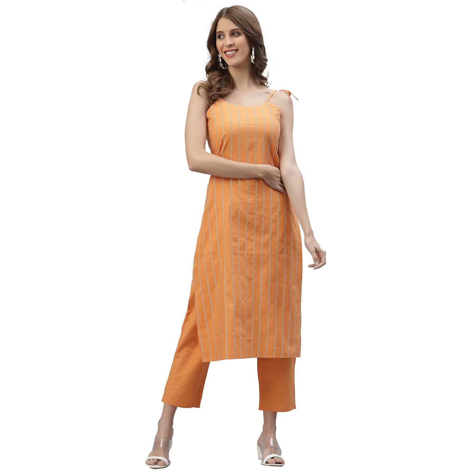 Stylum Women's Self Design Striped Cotton Blend Straight Kurta Pant Set (SALMONKNOT38_Orange, M)