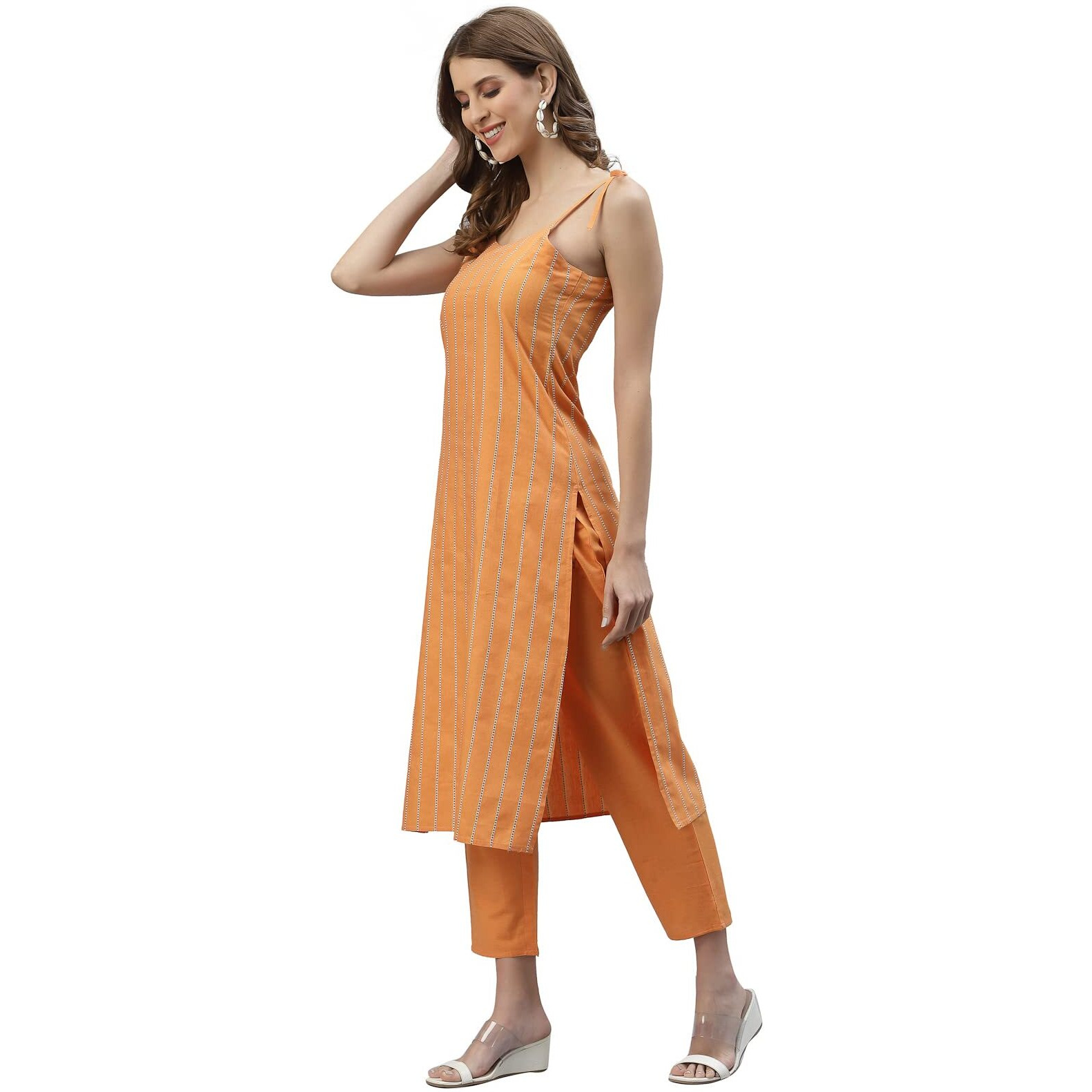 Stylum Women's Self Design Striped Cotton Blend Straight Kurta Pant Set (SALMONKNOT38_Orange, M)