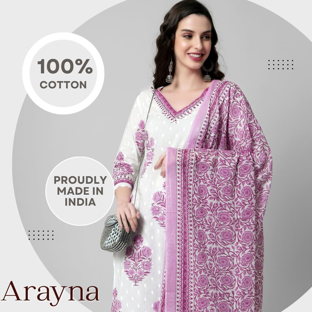 Arayna Women's Cotton Printed Floral Straight Kurta with Palazzo Pants and Printed Dupatta, Pink, X-Large