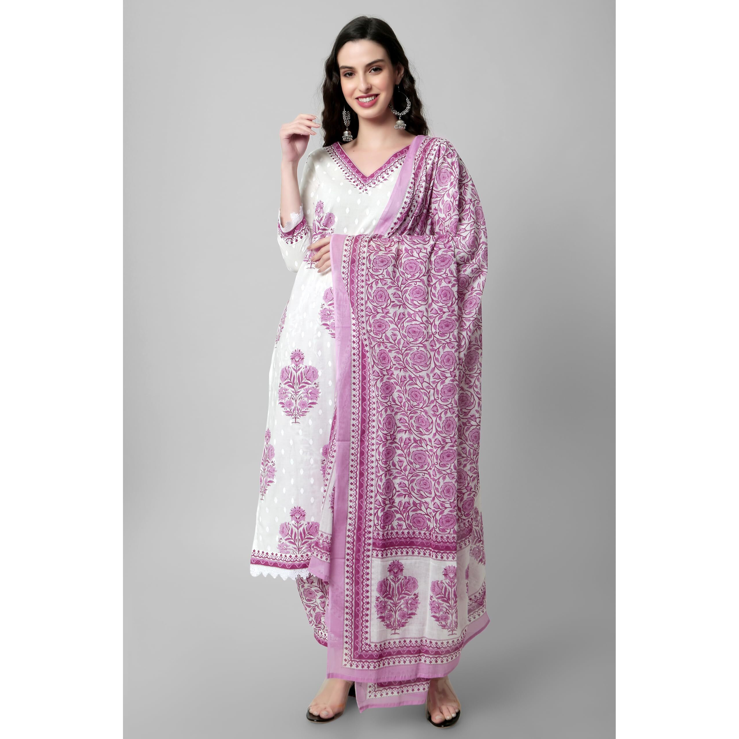 Arayna Women's Cotton Printed Floral Straight Kurta with Palazzo Pants and Printed Dupatta, Pink, X-Large