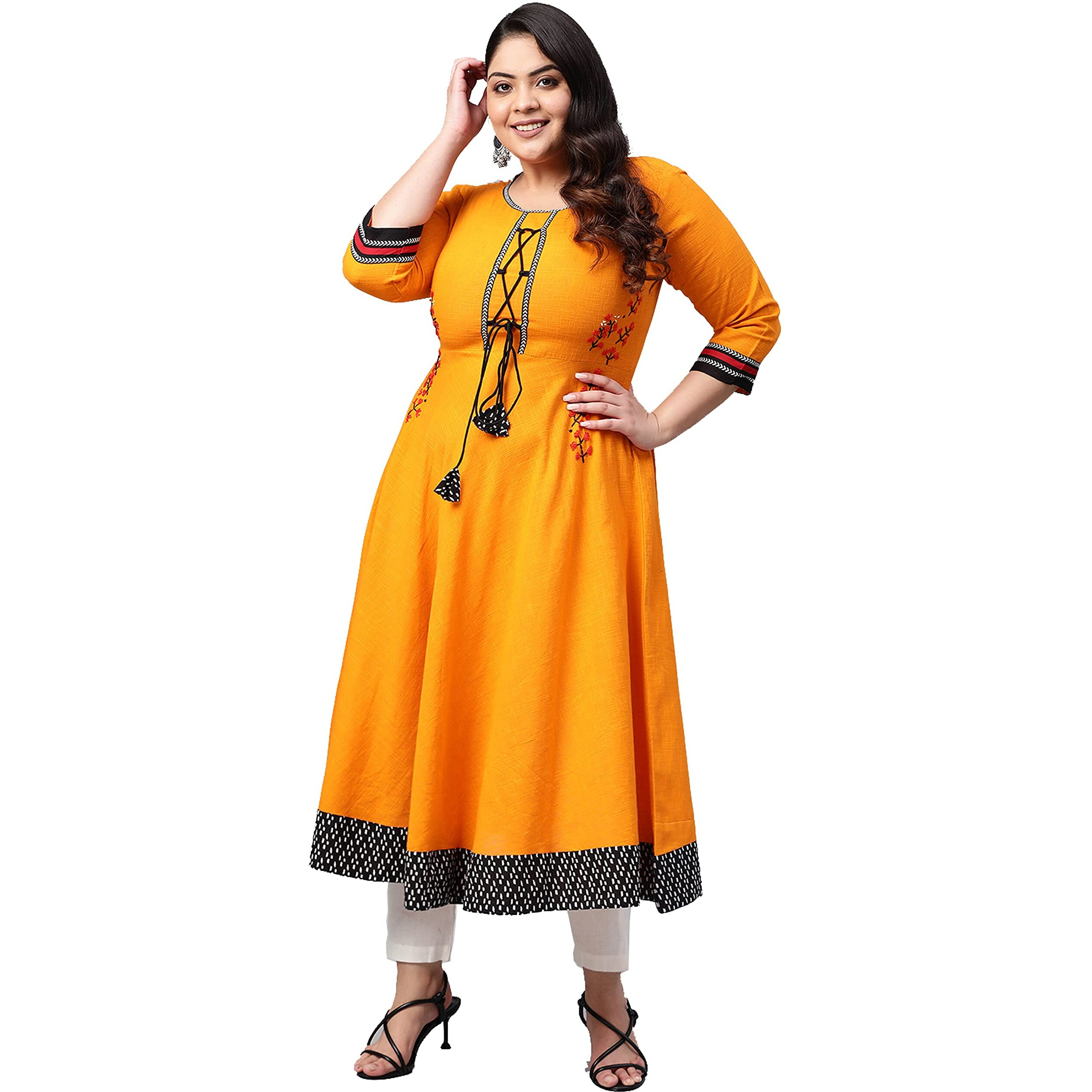 Yash Gallery Women's Plus Size Cotton Slub Embroidered Anarkali Kurta