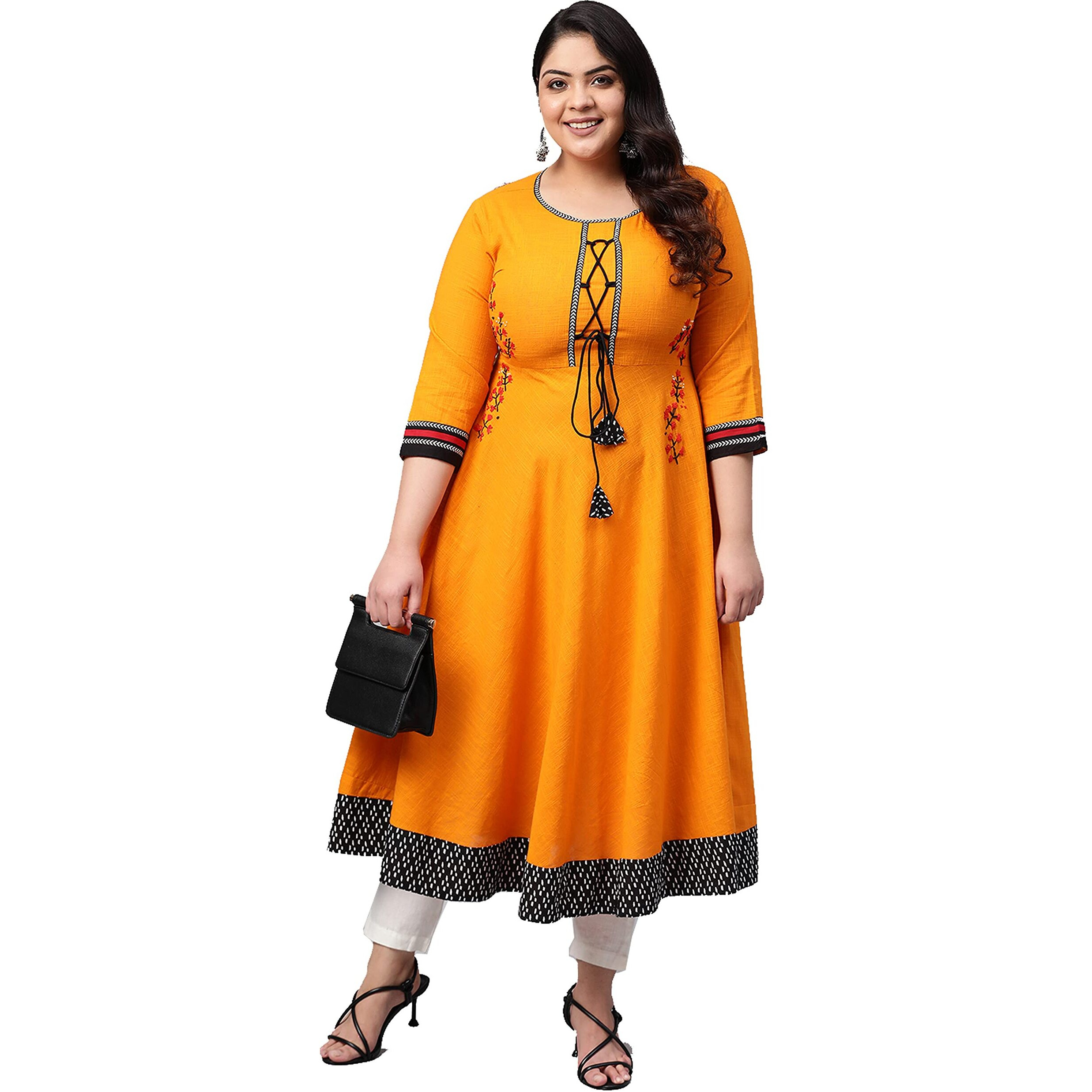 Yash Gallery Women's Plus Size Cotton Slub Embroidered Anarkali Kurta