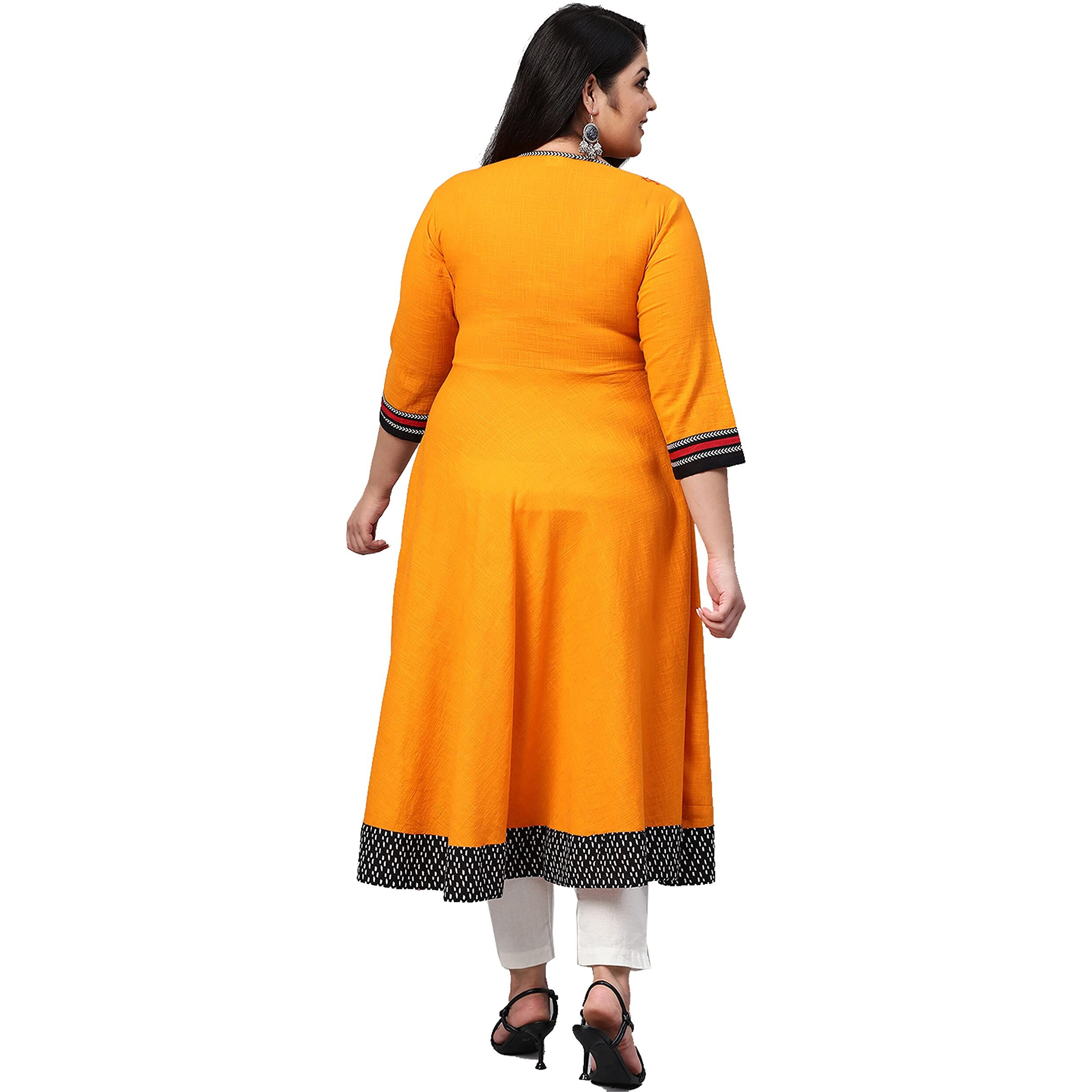 Yash Gallery Women's Plus Size Cotton Slub Embroidered Anarkali Kurta