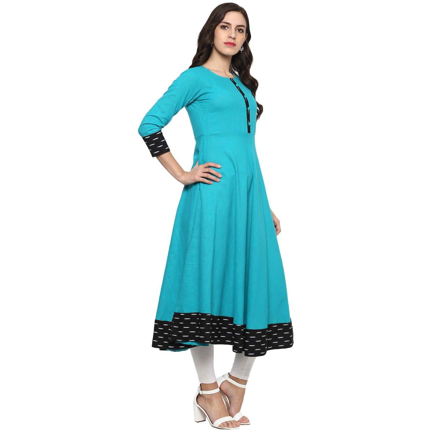 Yash Gallery Women's Cotton Printed Anarkali Kurta for Women (264YK346TEAL_Teal Blue_X-Small)