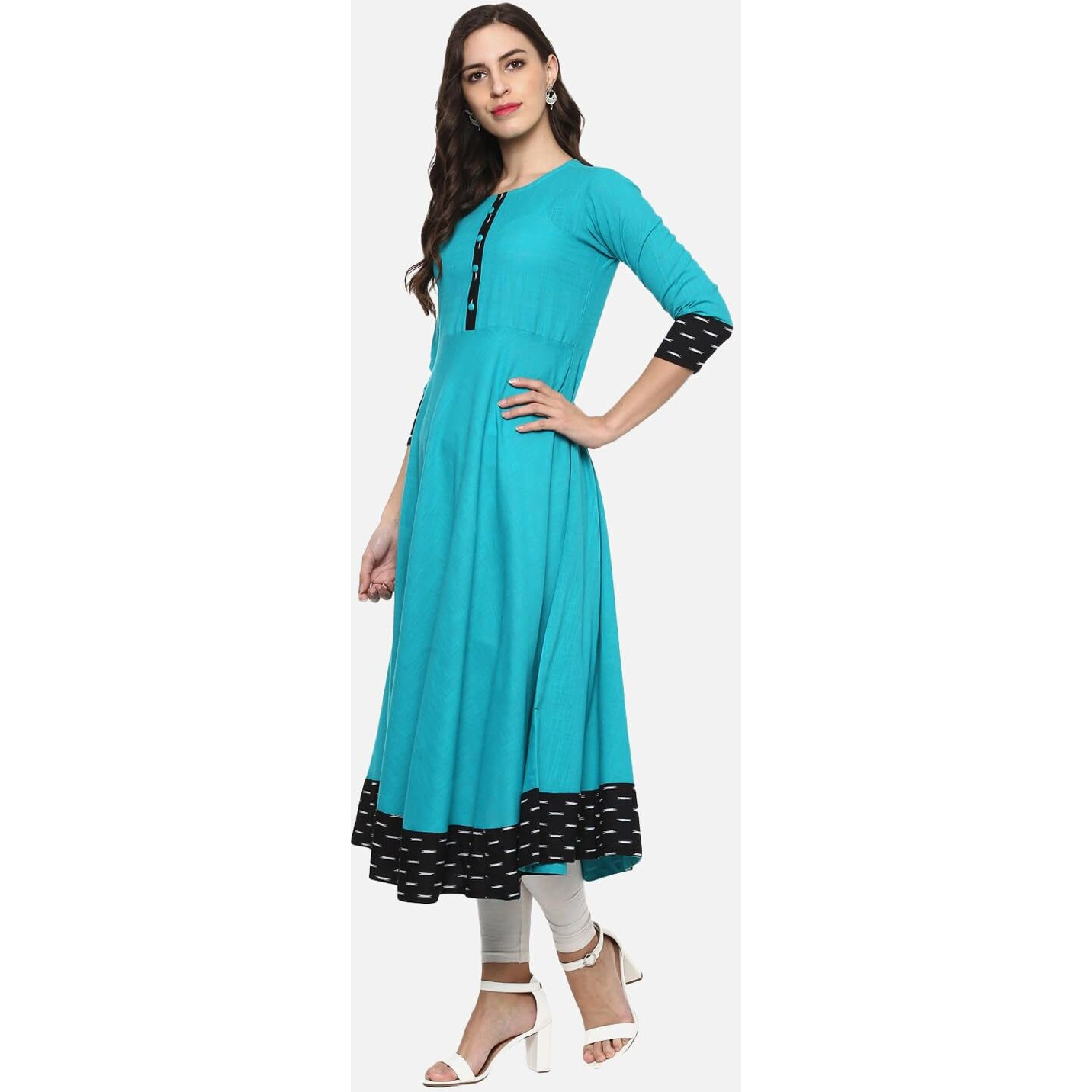 Yash Gallery Women's Cotton Printed Anarkali Kurta for Women (264YK346TEAL_Teal Blue_X-Small)