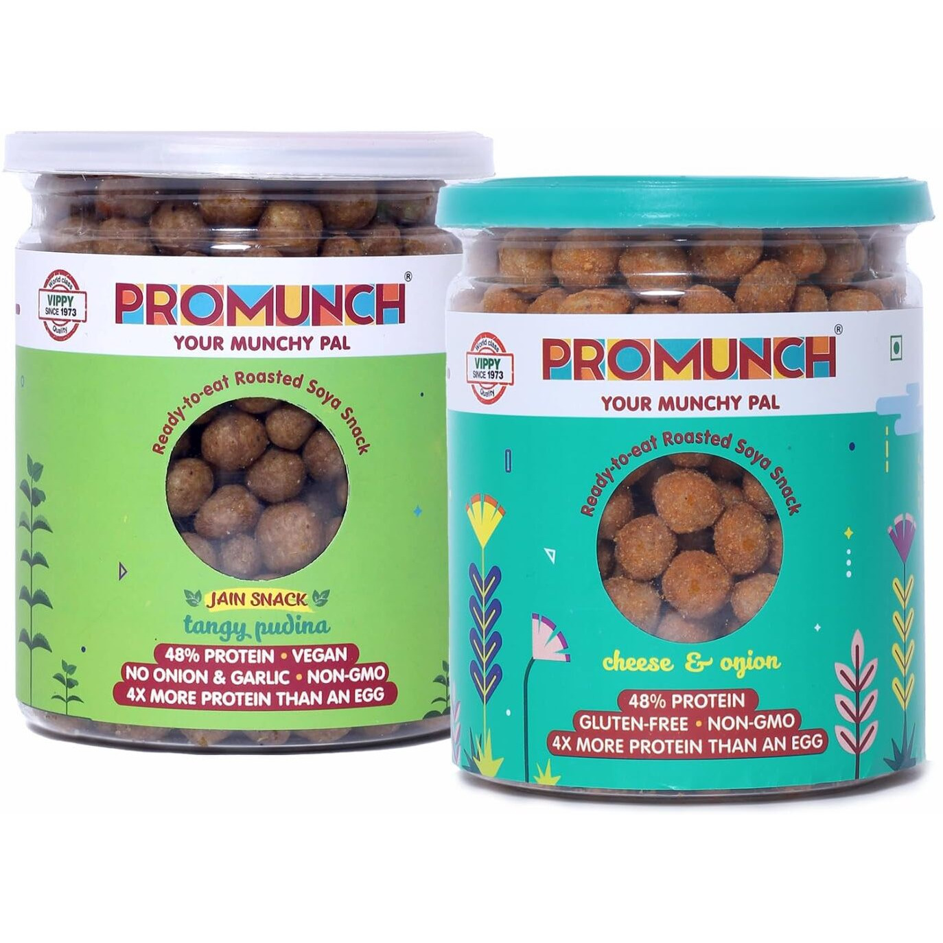 PROMUNCH Roasted Soya Snack | High-Protein | Healthy | Gluten-Free | Pack of 2, Flavour Tangy Pudina And Cheese & Onion, 150 g Each