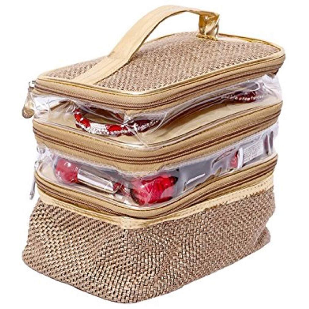 Kuber Industries Jute Rectangular Jewellery Kit|3 Compartments & Transparent Look|Size 23 x 23 x 14 (Gold)