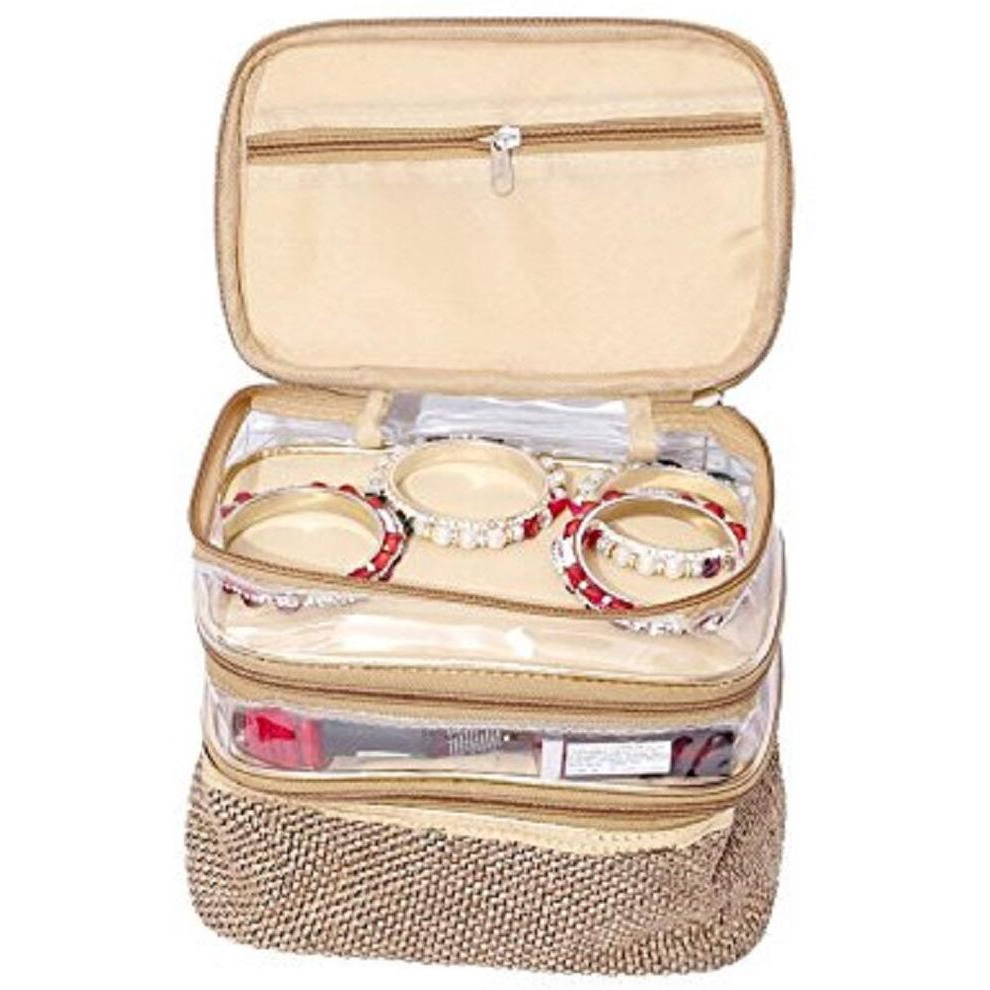 Kuber Industries Jute Rectangular Jewellery Kit|3 Compartments & Transparent Look|Size 23 x 23 x 14 (Gold)