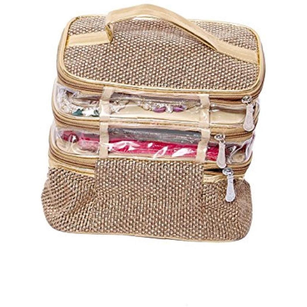 Kuber Industries Jute Rectangular Jewellery Kit|3 Compartments & Transparent Look|Size 23 x 23 x 14 (Gold)