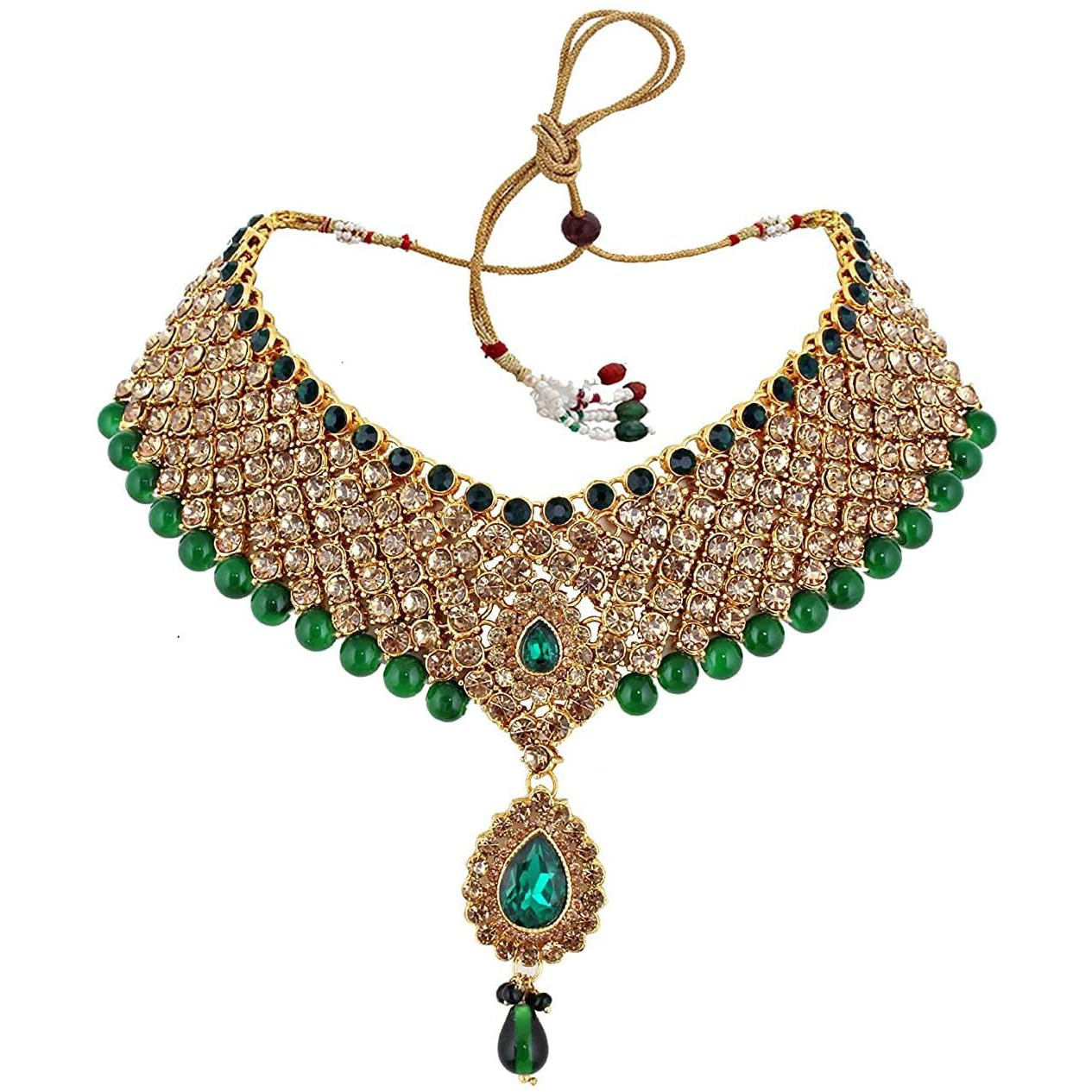 Lucky Jewellery Bridal Dulhan Designer 18k Gold Plated Gold Green Color Pearl Stone Set 9 pcs. for Women & Girls (3630-IZS-1611-LCT-G)