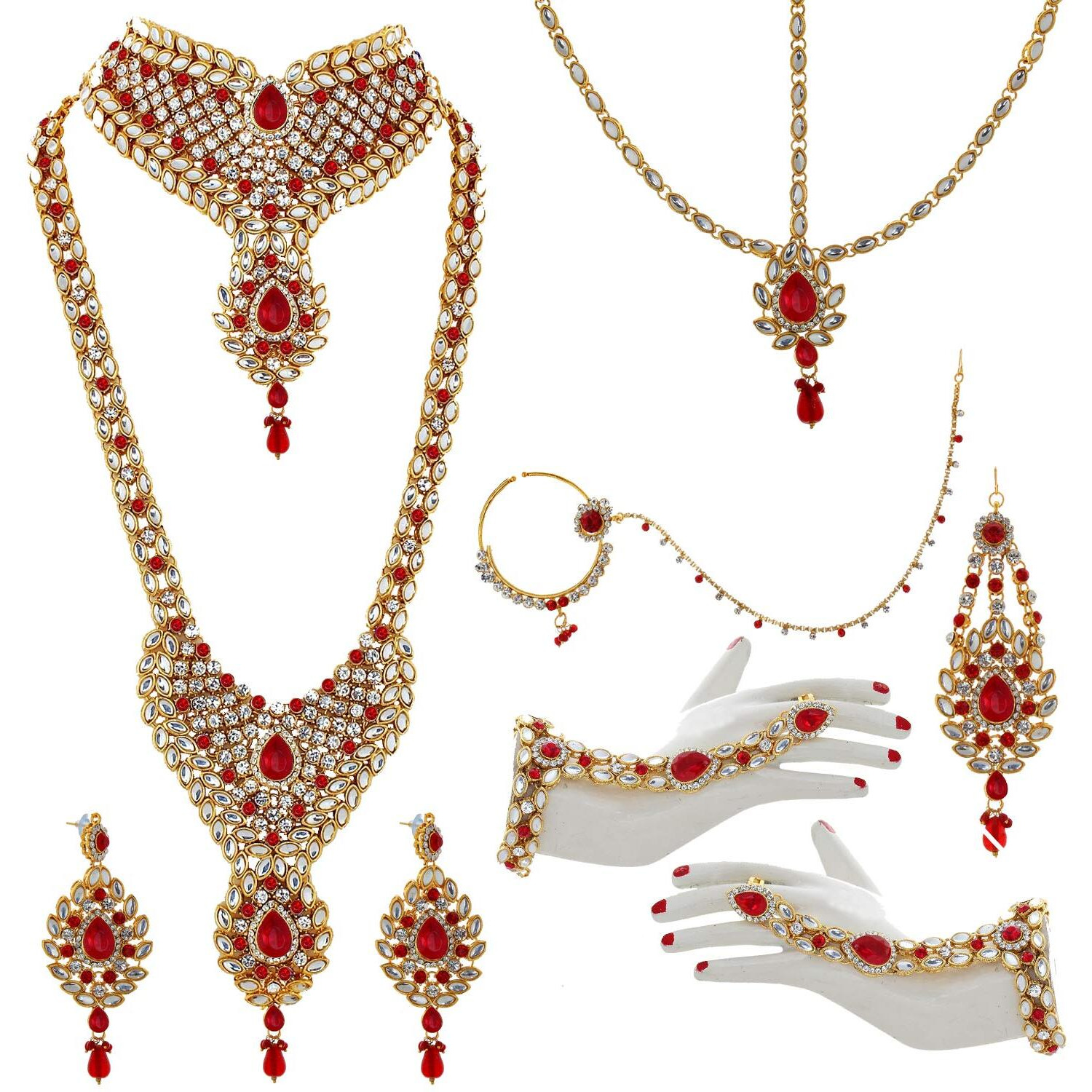 Lucky Jewellery Designer Red & White Stone Bridal Dulhan Jewellery Set 9 Pcs. (3894-IZS-1002-RED)