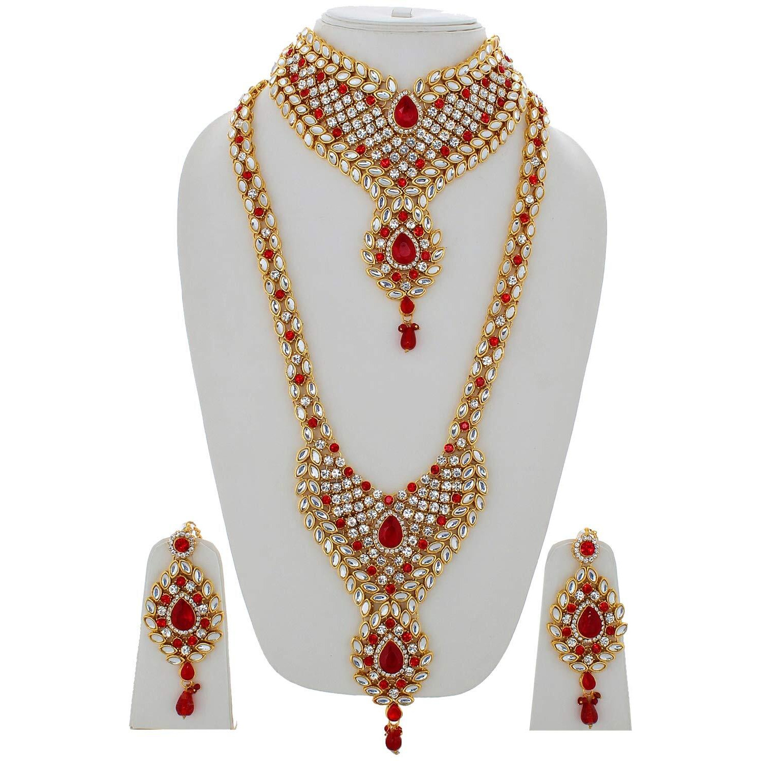 Lucky Jewellery Designer Red & White Stone Bridal Dulhan Jewellery Set 9 Pcs. (3894-IZS-1002-RED)