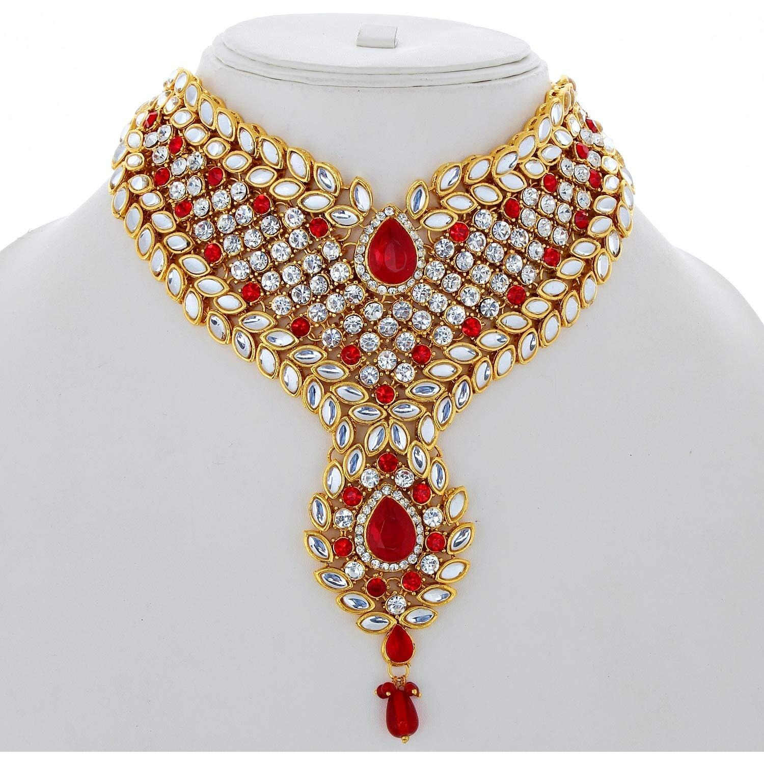 Lucky Jewellery Designer Red & White Stone Bridal Dulhan Jewellery Set 9 Pcs. (3894-IZS-1002-RED)