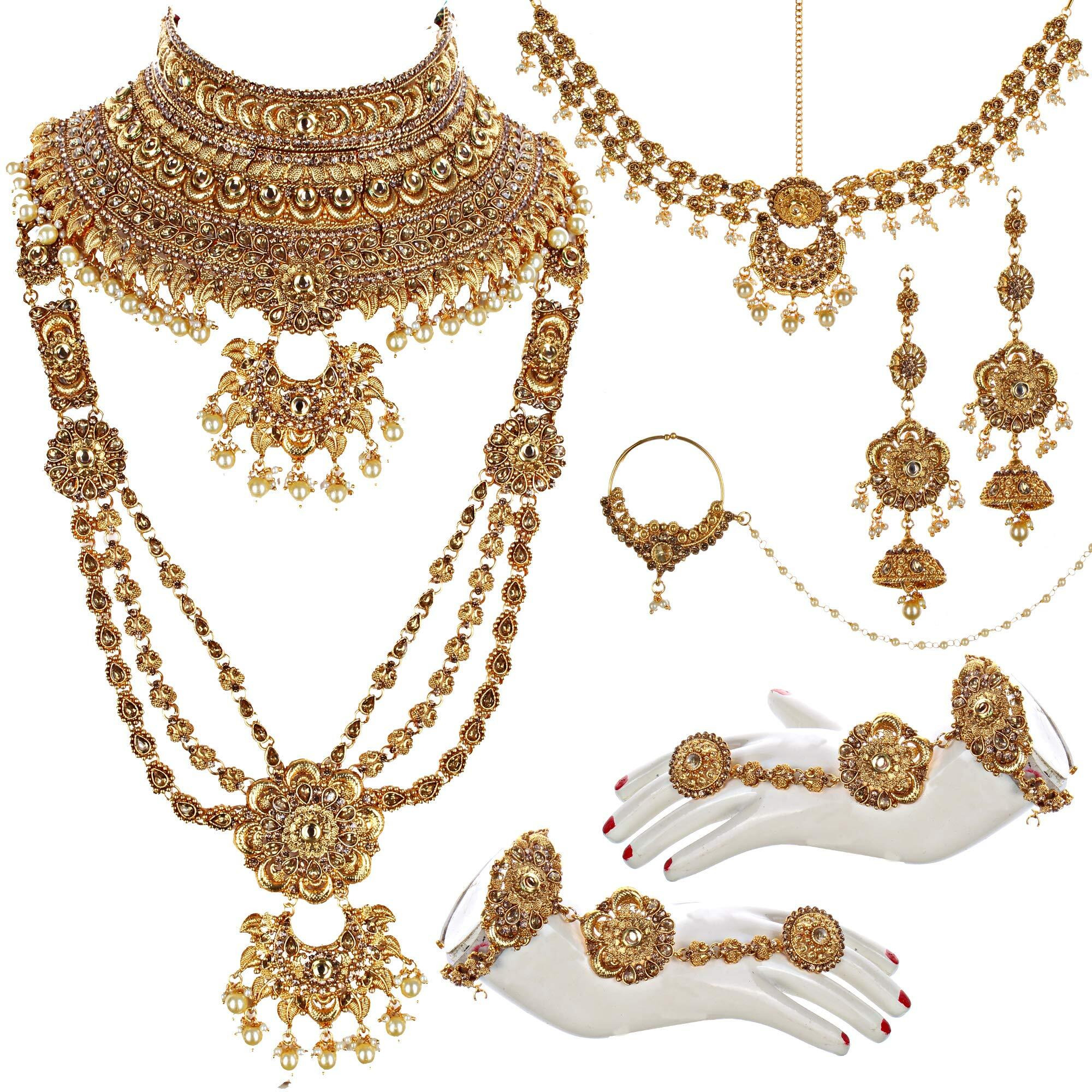 Lucky Jewellery Bridal Dulhan Golden Color Alloy Gold Plated Wedding Jewellery Set for Girls & Women (3960-P3ZR-238-LCT)