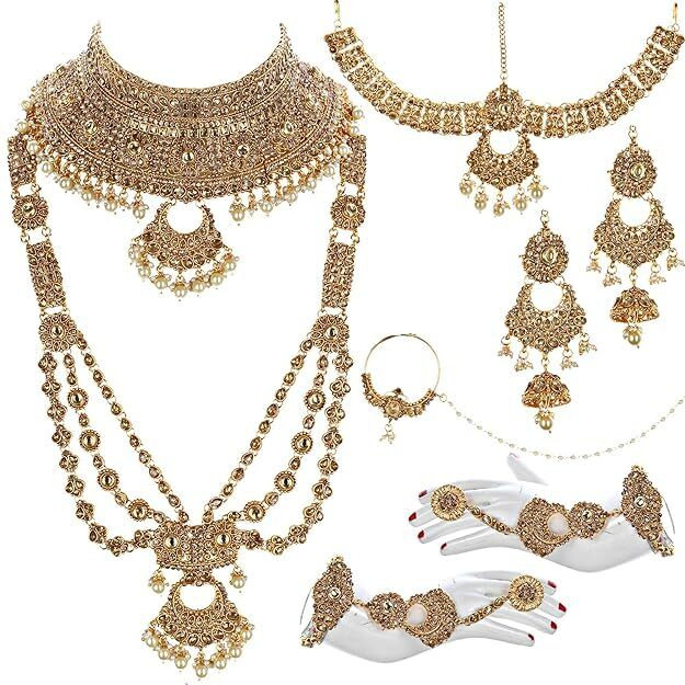 Lucky Jewellery Bridal Dulhan Golden Color Alloy Gold Plated Wedding Jewellery Set for Girls & Women (3960-P3ZR-242-LCT)