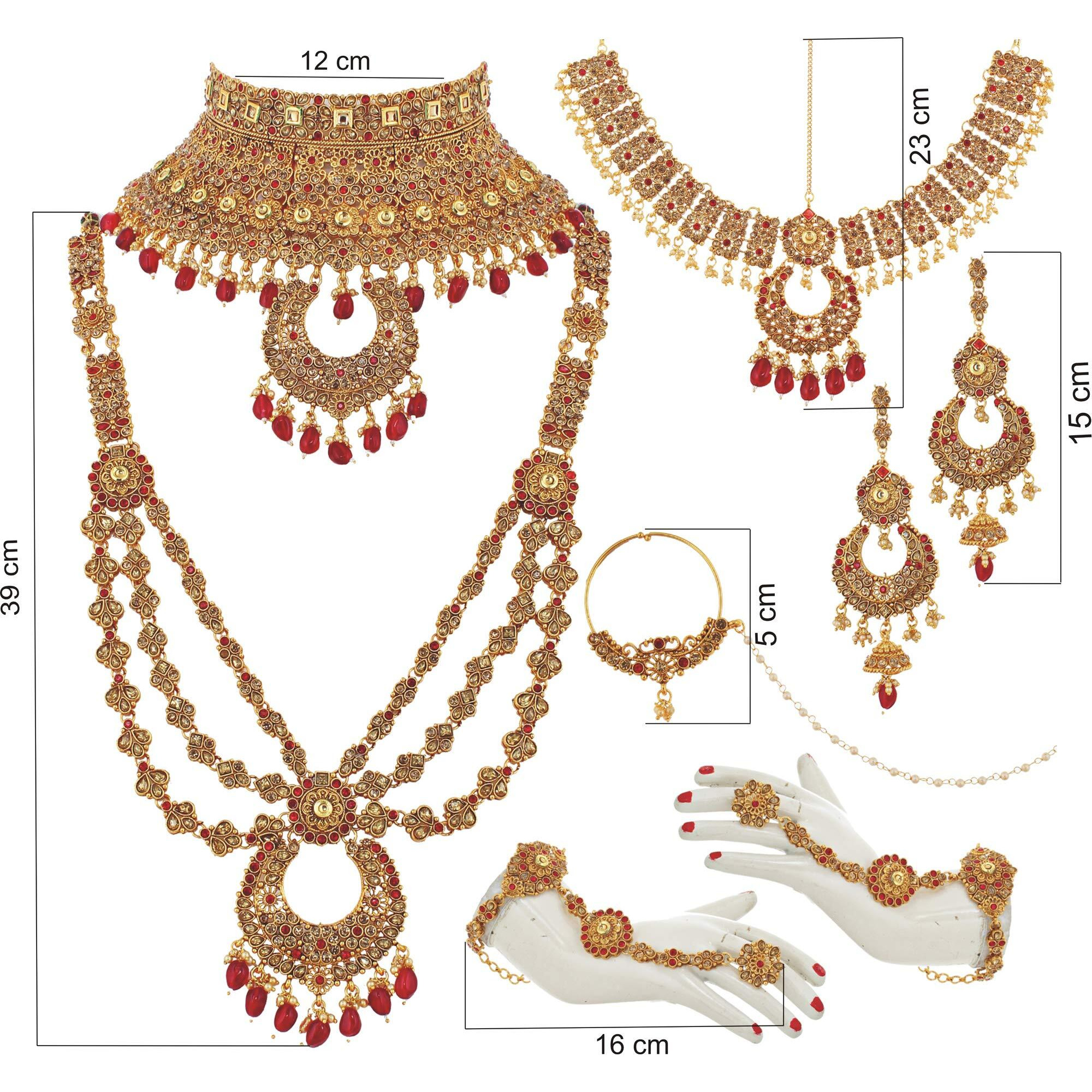 Lucky Jewellery Bridal Dulhan Designer Golden Red Color Pearl Stone Wedding Set 8 pcs. for Girls & Women (4125-G2ZR-225-LCT-RED)