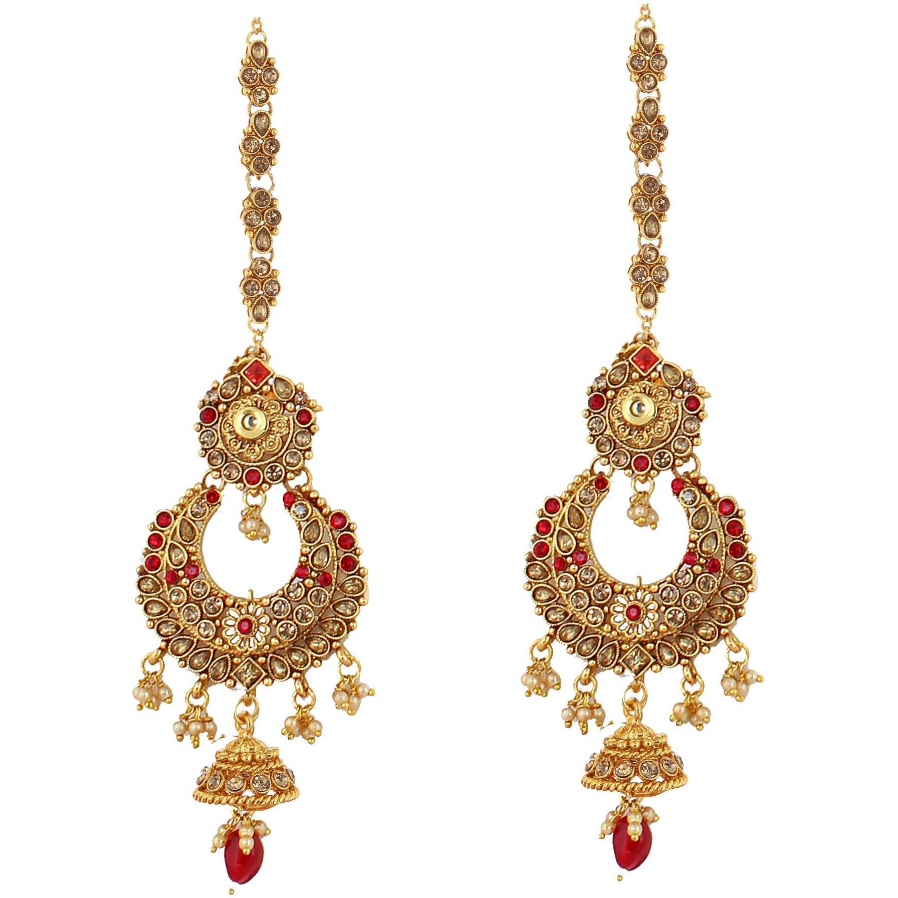 Lucky Jewellery Bridal Dulhan Designer Golden Red Color Pearl Stone Wedding Set 8 pcs. for Girls & Women (4125-G2ZR-225-LCT-RED)