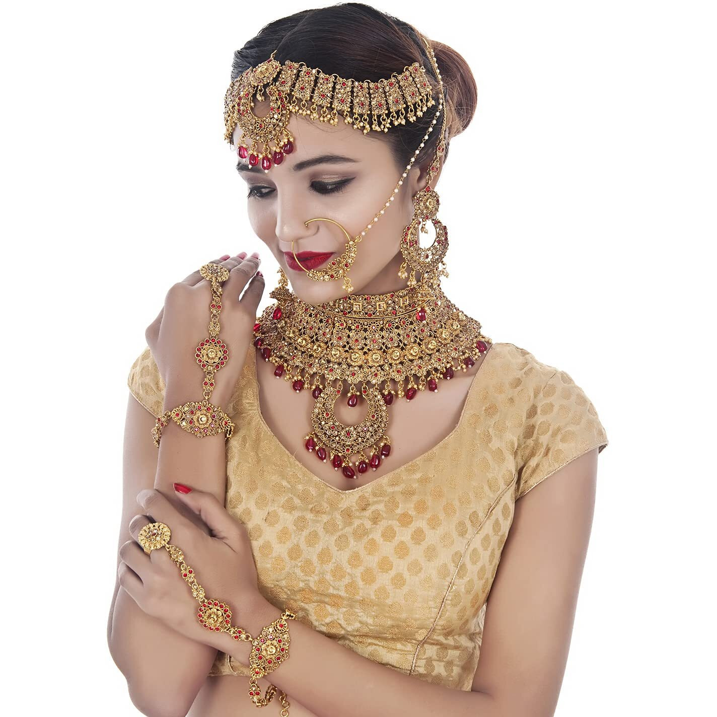 Lucky Jewellery Bridal Dulhan Designer Golden Red Color Pearl Stone Wedding Set 7 pcs. for Girls & Women (4125-G2ZR-225SM-LCT-RED)