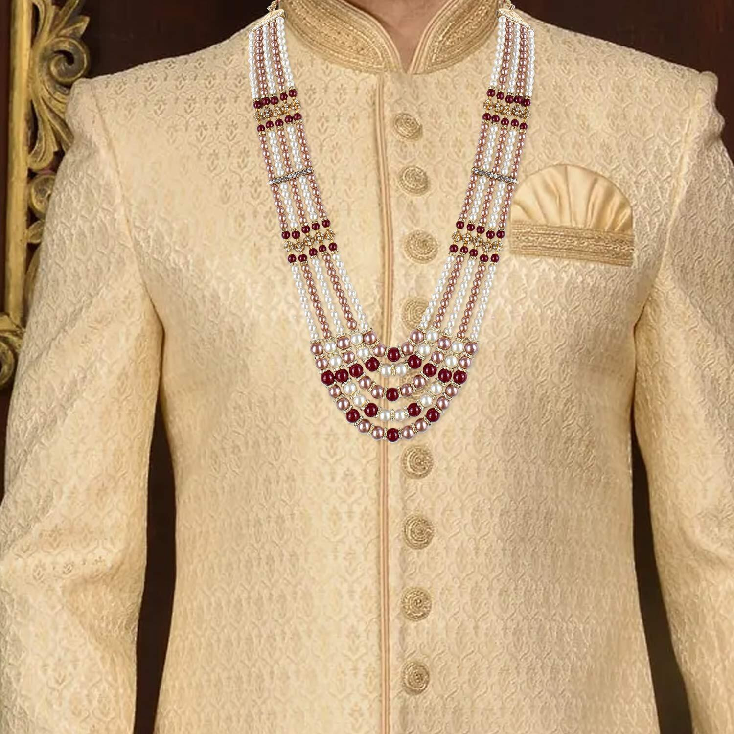 Lucky Jewellery Designer Wedding Multi Strand Dulha Har Layered Pearl Maharaja Haar Groom Necklace Set for Men (1307-M6DM-1009-MWC)