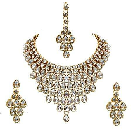 Lucky Jewellery Designer White Color Stone Gold Plating Necklace Set for Girls & Women (825-L1SS-837-W)