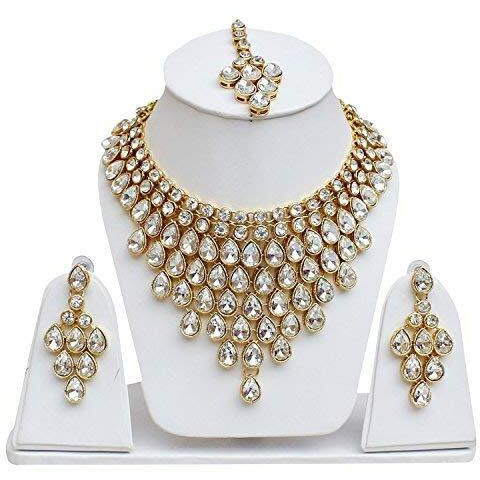 Lucky Jewellery Designer White Color Stone Gold Plating Necklace Set for Girls & Women (825-L1SS-837-W)