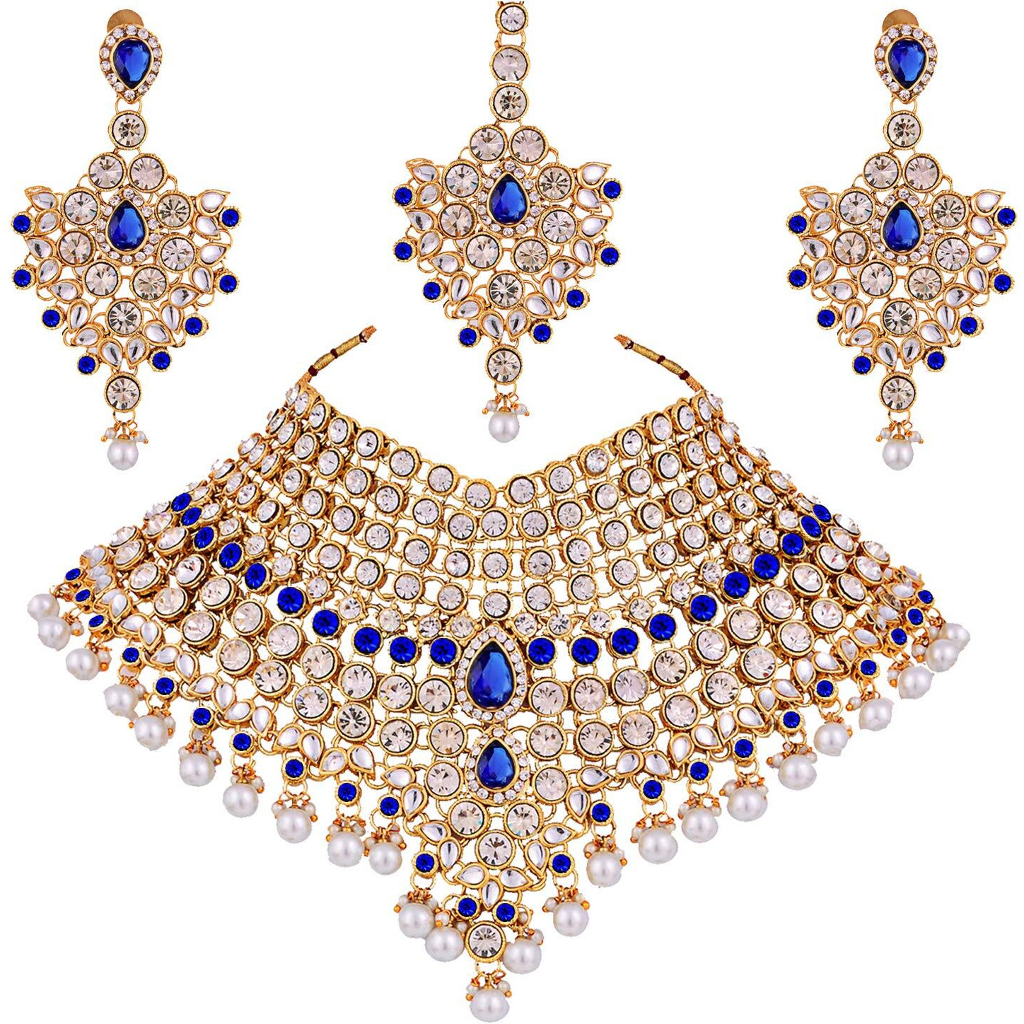 Lucky Jewellery Blue Semi Bridal Dulhan Dulhan Wedding & Engagement Necklace Set with Mang Tikka (1815-L1SS-KD124-B)