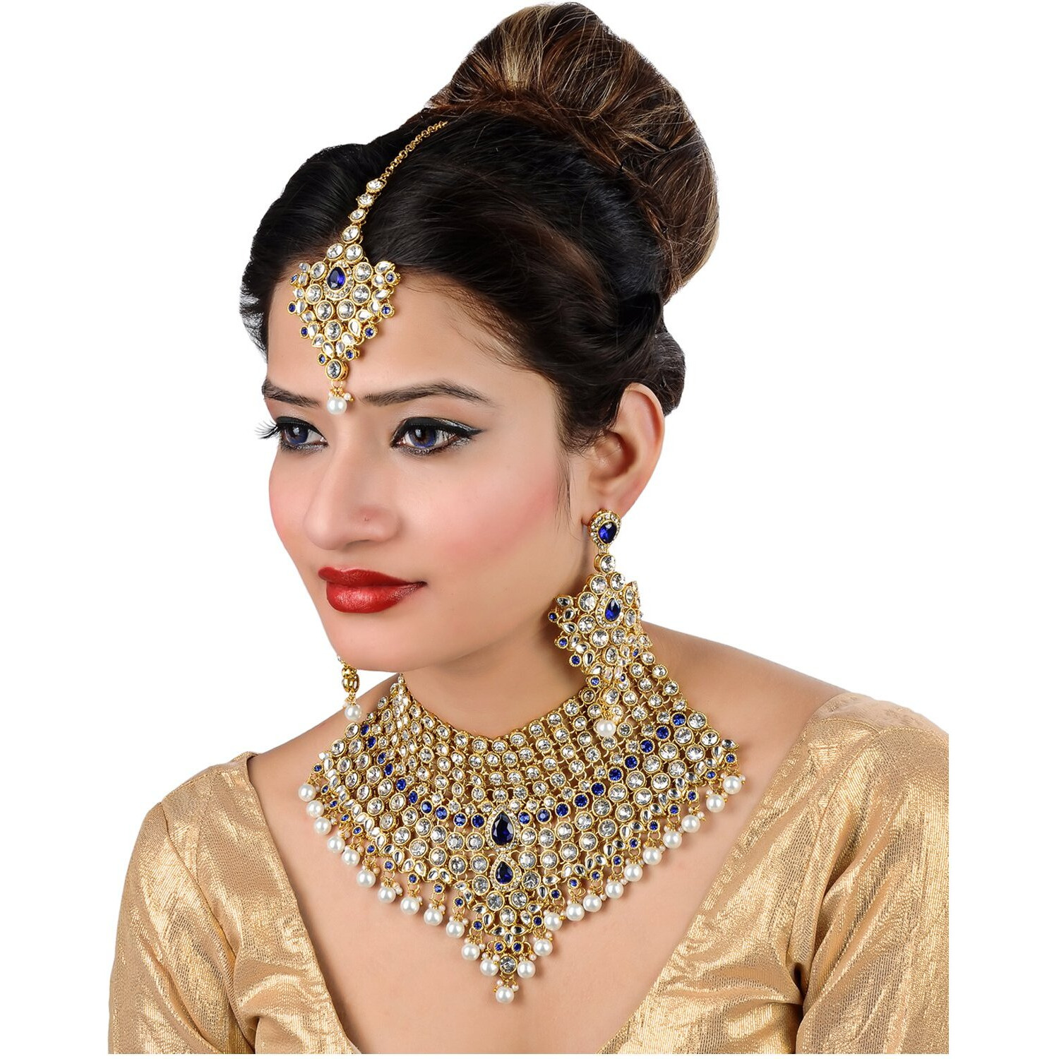 Lucky Jewellery Blue Semi Bridal Dulhan Dulhan Wedding & Engagement Necklace Set with Mang Tikka (1815-L1SS-KD124-B)