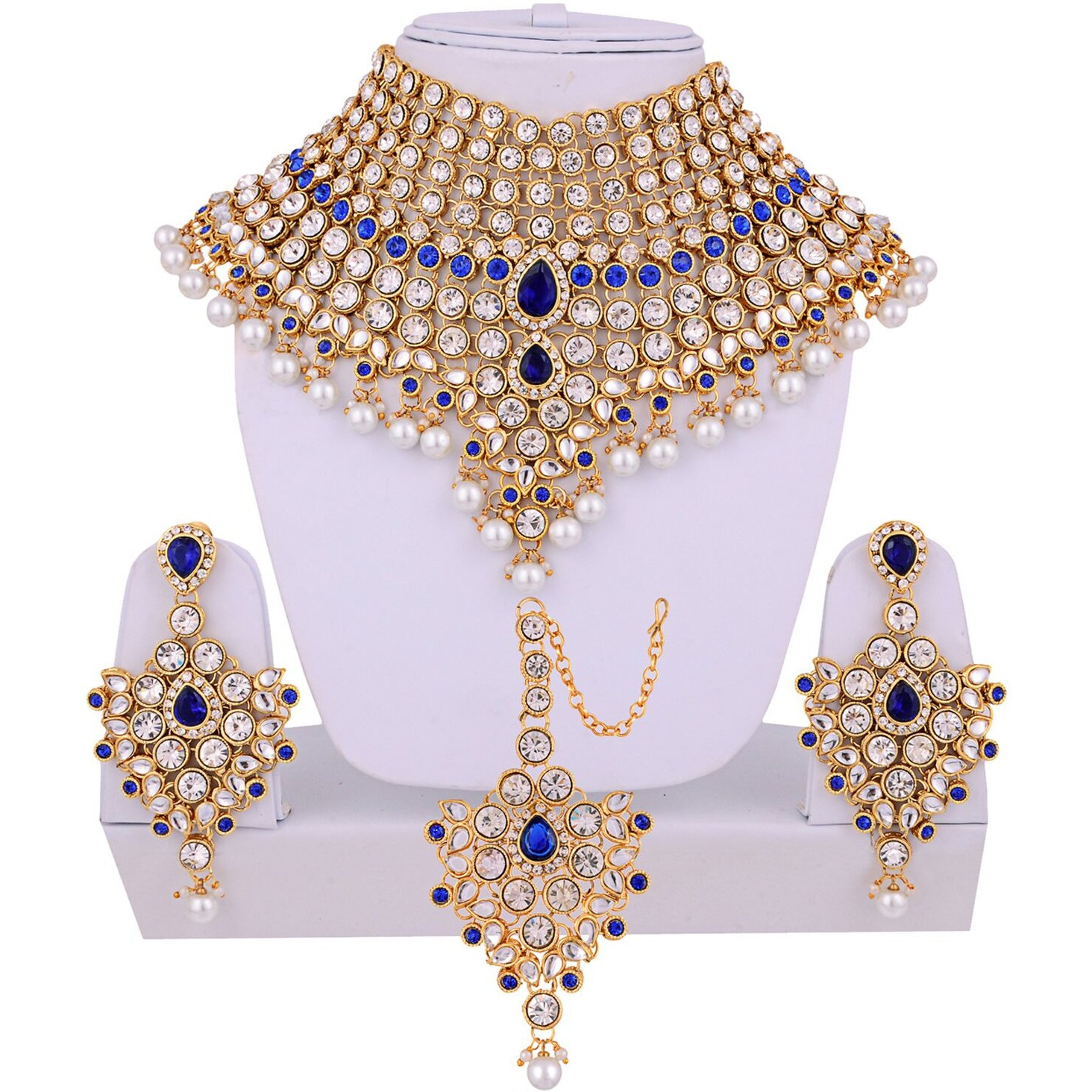 Lucky Jewellery Blue Semi Bridal Dulhan Dulhan Wedding & Engagement Necklace Set with Mang Tikka (1815-L1SS-KD124-B)