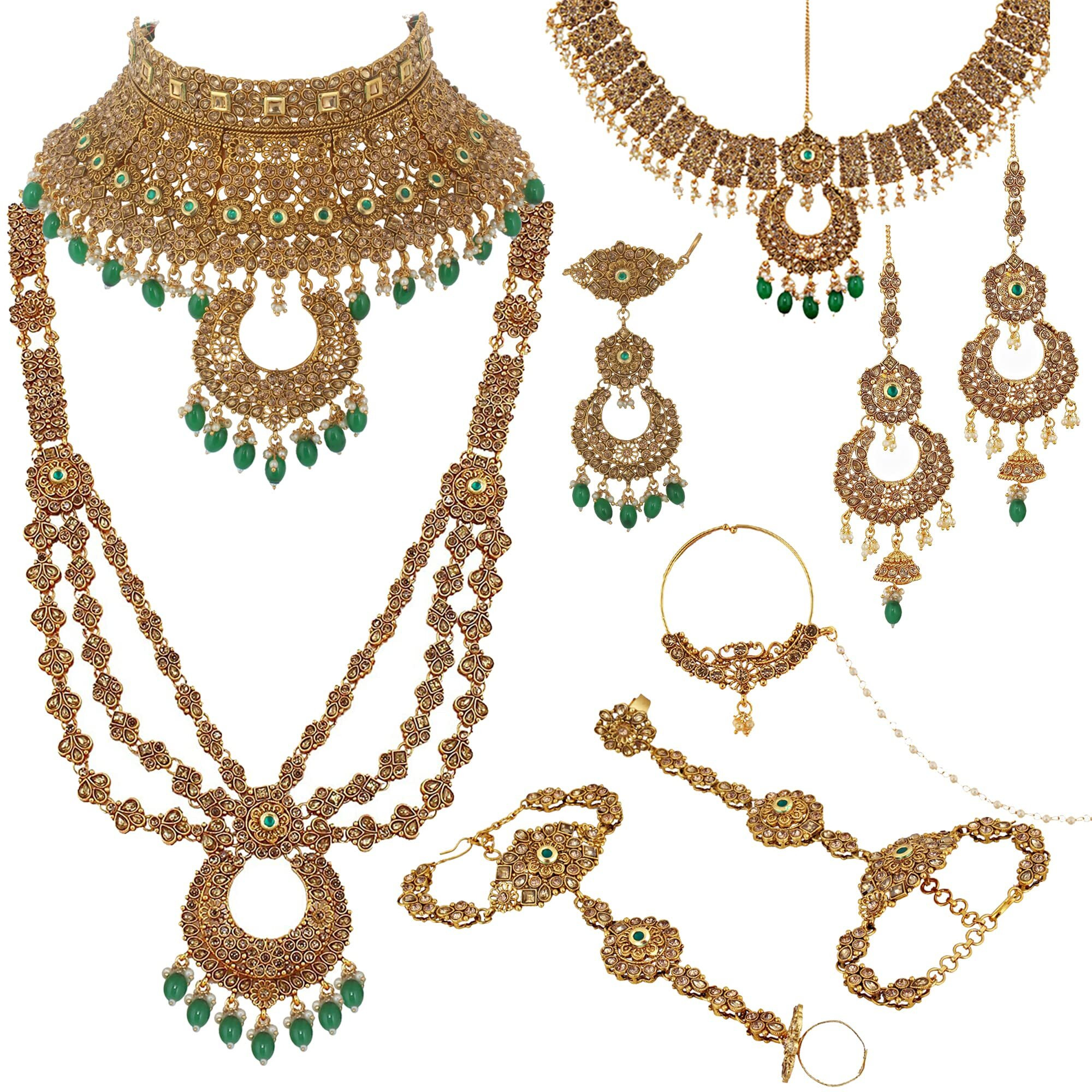 Lucky Jewellery Bridal Gold Plated Green Color Polki with Kundan Stone 8 Pcs. Wedding Jewellery Set for Girls & Women (4125-G2ZR-225-LCT-G)